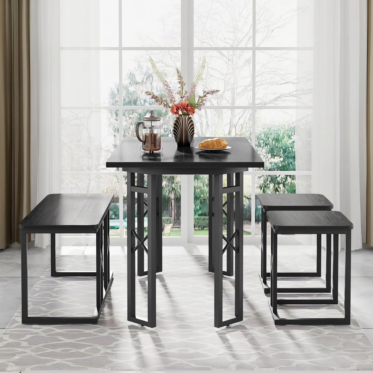 VECELO 43.3" Dining Table Set for 4, Space-Saving Kitchen Table with 1 Bench and 2 Stools, Tuck-Away Seating, Rustic Farmhouse Style, Adjustable Foot Pads, Black