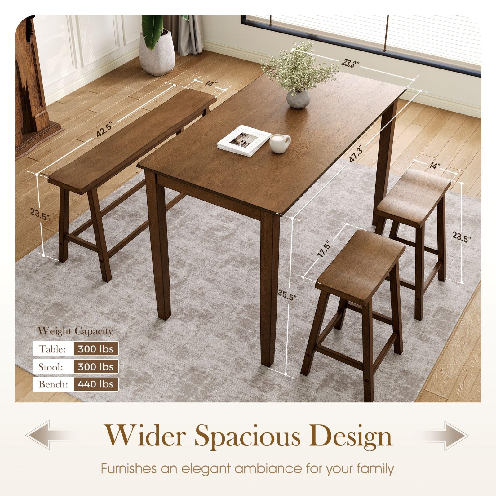 Counter Height Dining Table Set with Bench and 2 Chairs