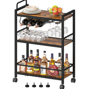 3-Tier Rolling Bar Cart with Wine Rack & Glass Holder