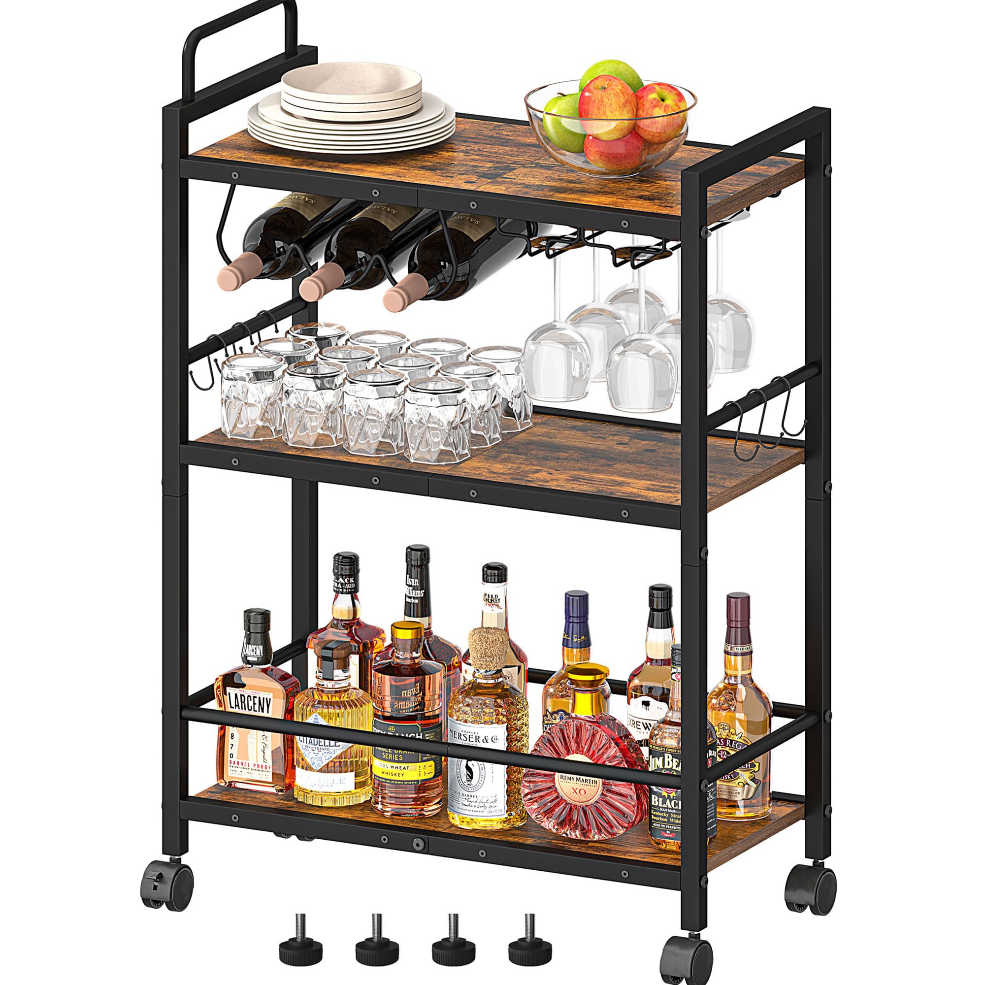3-Tier Rolling Bar Cart with Wine Rack & Glass Holder