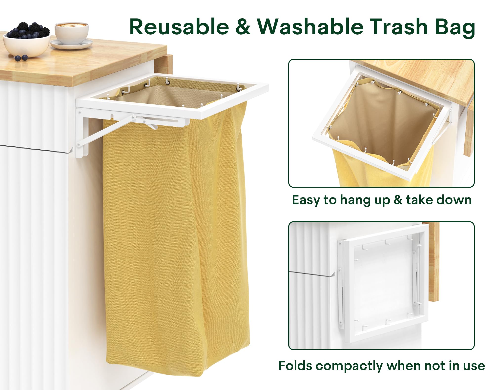 Linkriseed 43.3" x 29.5" Kitchen Island with Drop Leaf, Rolling Kitchen Island on Wheels with Removable Trash Bag, Kitchen Island Cart with Storage Cabinet, Drawers & Spice Rack, White