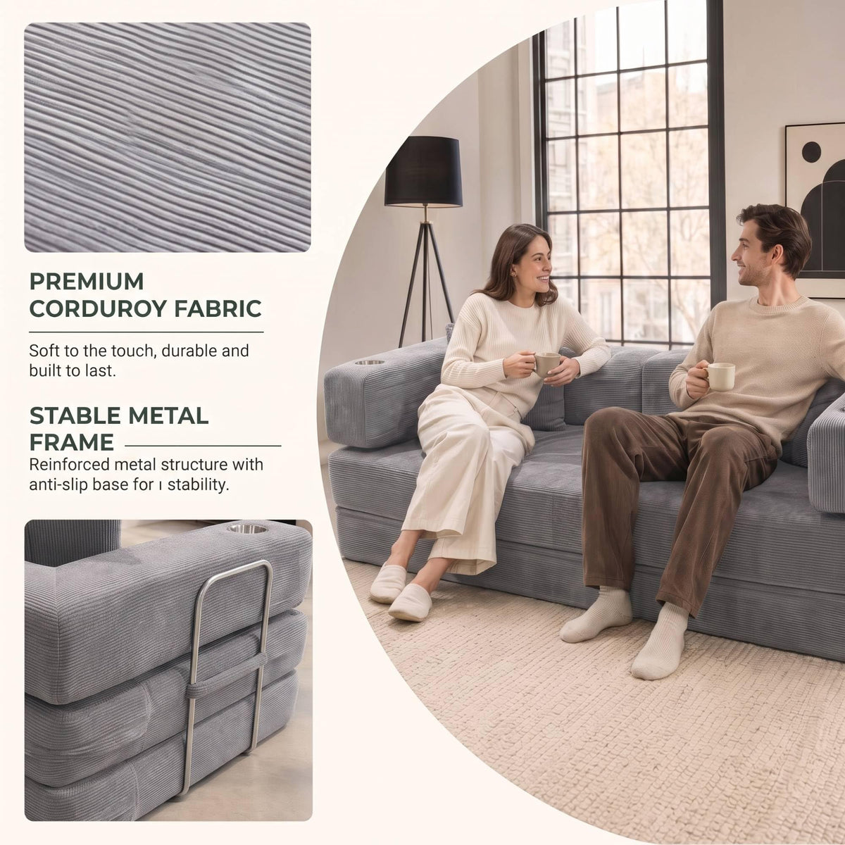 Convertible Sofa Bed, Boneless Couch with Cup Holders for Living Room