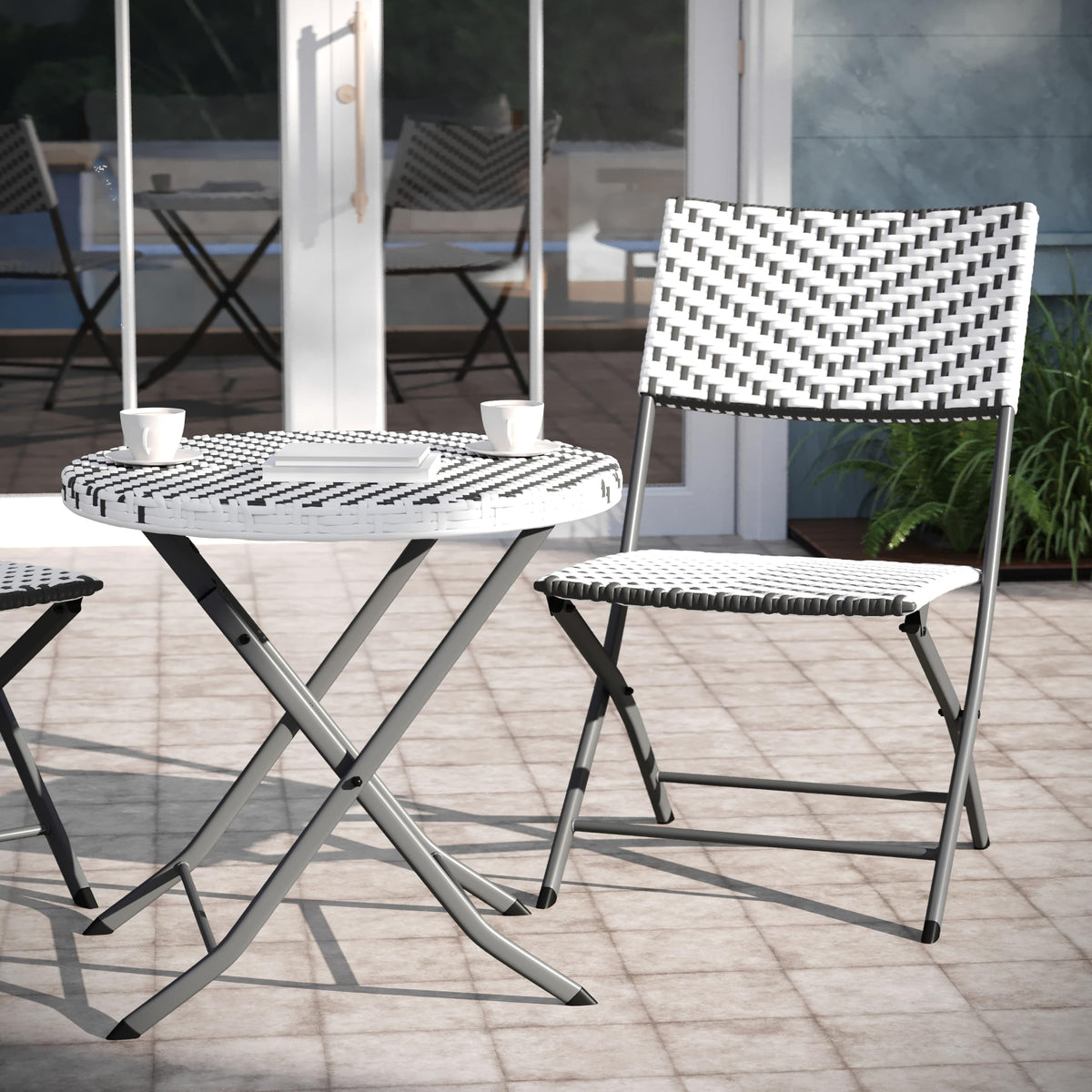 EMMA + OLIVER Gray/White Three Piece Folding Bistro Set