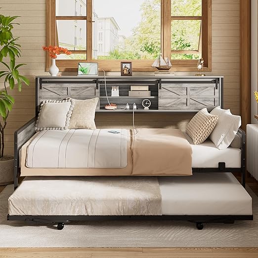 Twin Daybed with Pop-Up Trundle & Bookcase Headboard