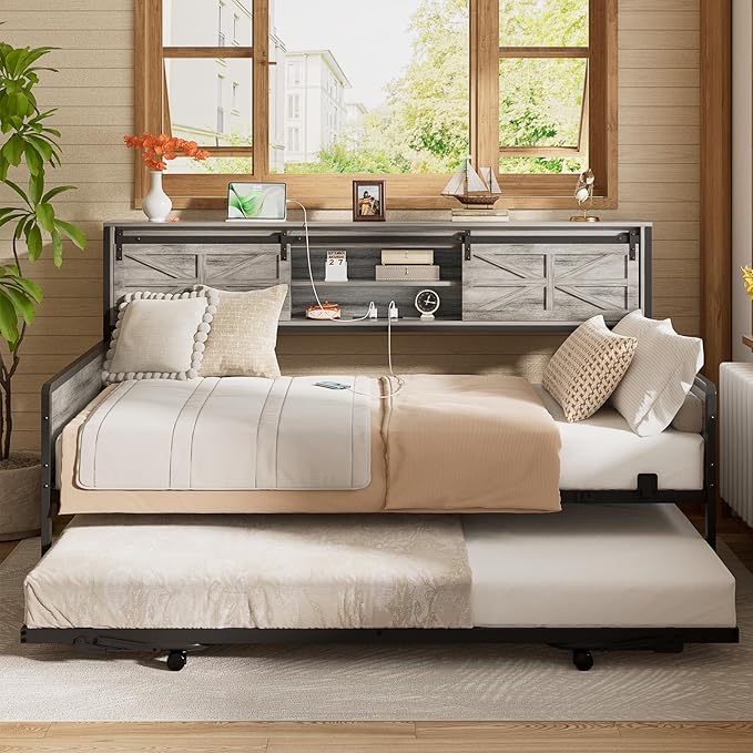 Twin Daybed with Pop-Up Trundle, Bookcase Headboard & Charging Station