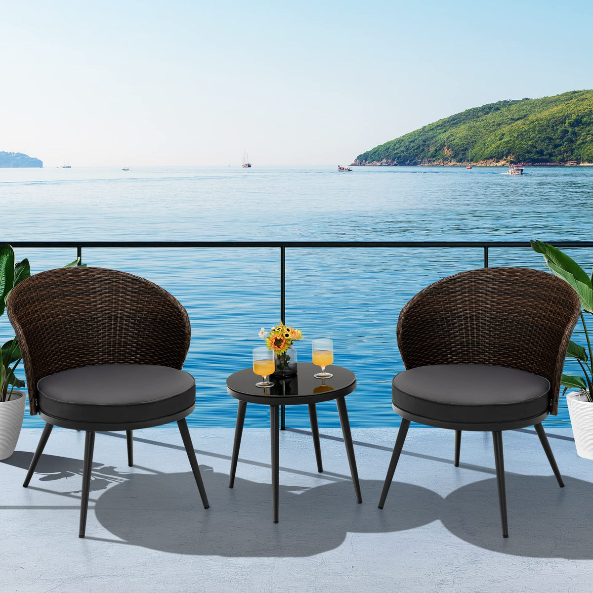 Tangkula 3 Piece Patio Rattan Bistro Set, Outdoor Wicker Conversation Set W/ 2 Seat Cushions, Tempered Glass Tabletop, Adjustable Footpads, Suitable for Indoor, Backyard, Poolside (Gray)