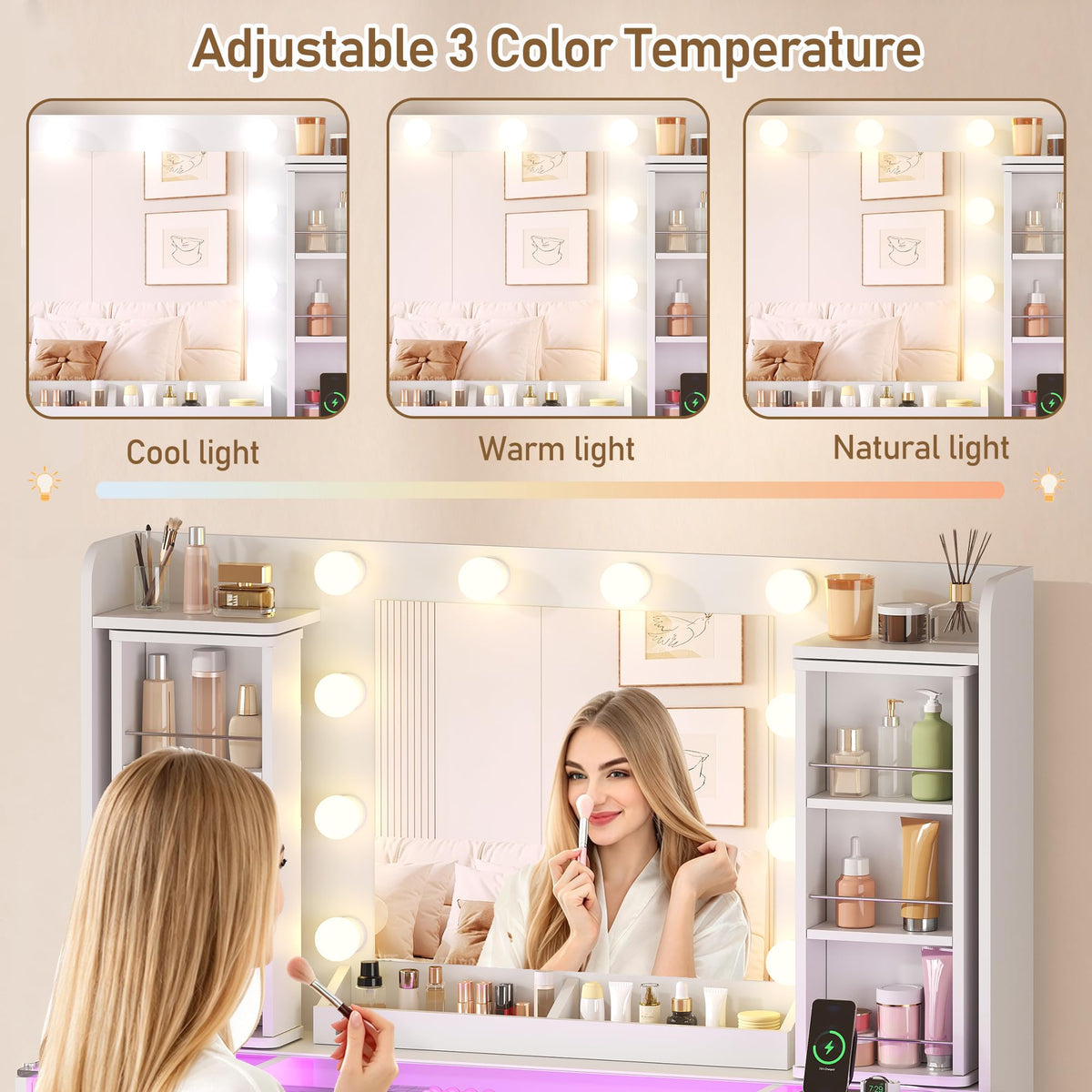 YUNSCEND Makeup Vanity Desk with Mirror and Lights, 360° Rotating Organizer
