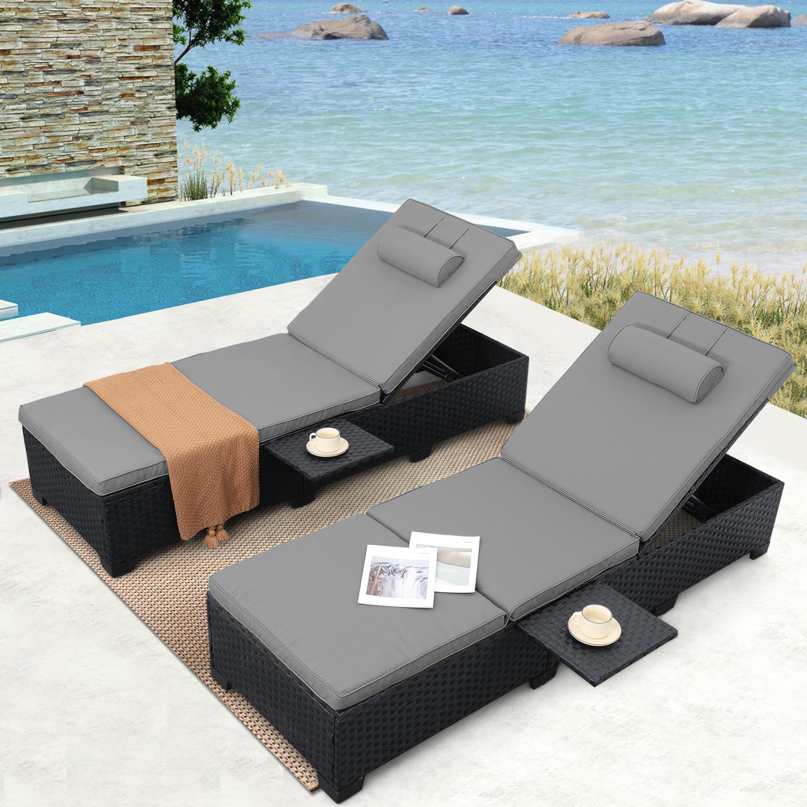Outdoor Wicker Chaise Lounge Set of 2 with Cushions & Side Shelf