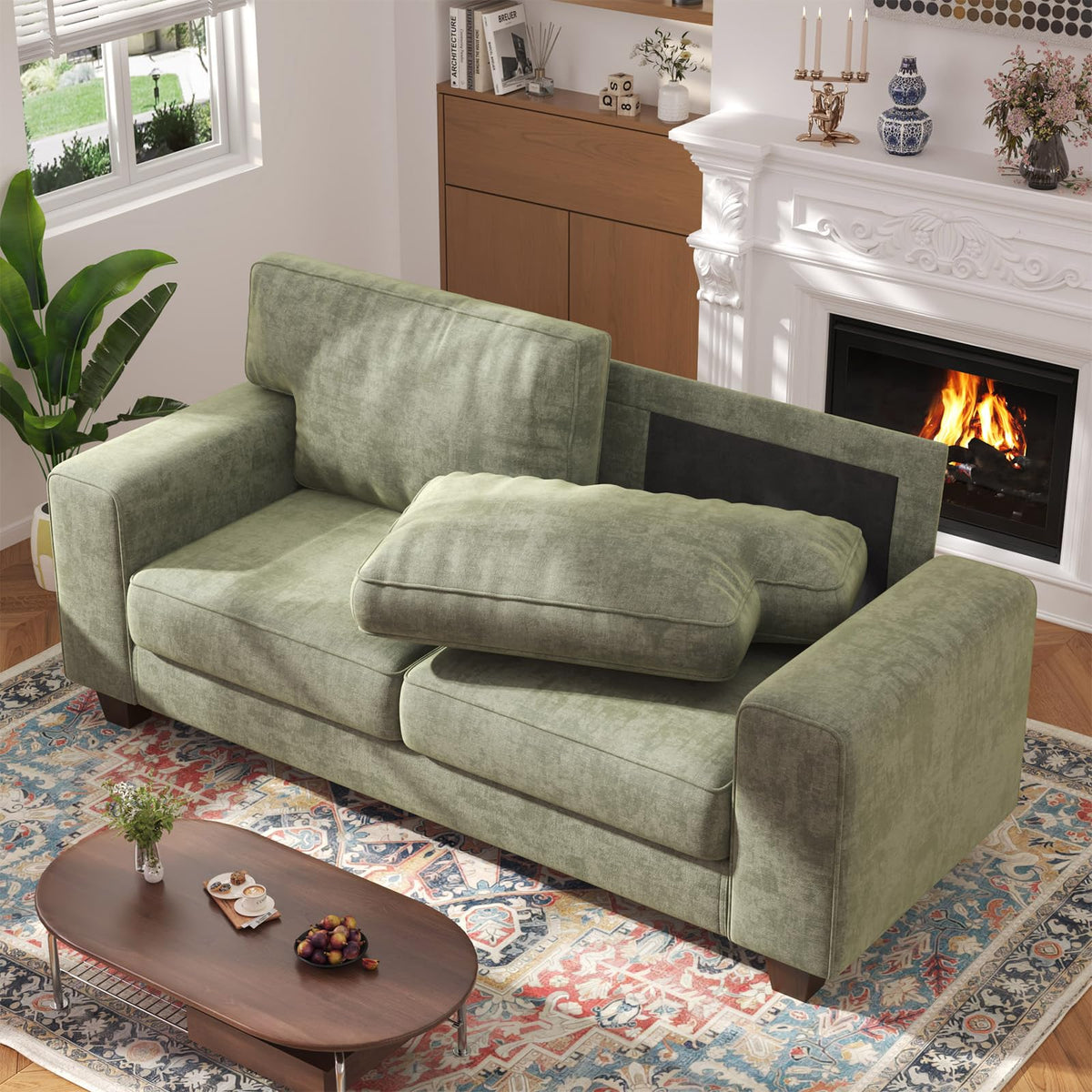 AURACOVA Chenille Loveseat Sofa, Beige, Modern Couch for Living Room, Green
