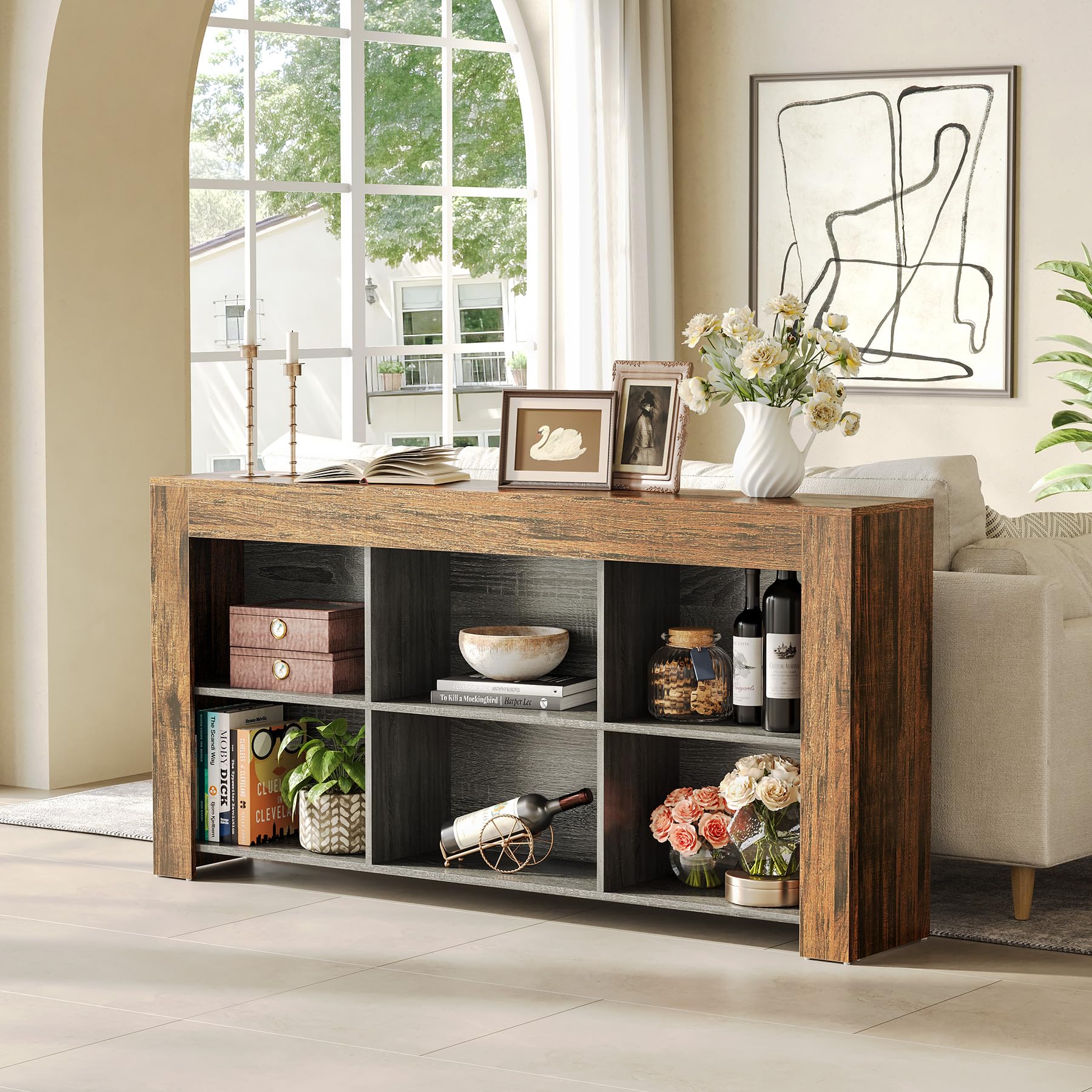 LITTLE TREE Console Table with Storage, 63-Inch Narrow Long Sofa Table, Entryway Table with 6 Cubes, Farmhouse Storage Shelves for Entryway, Living Room