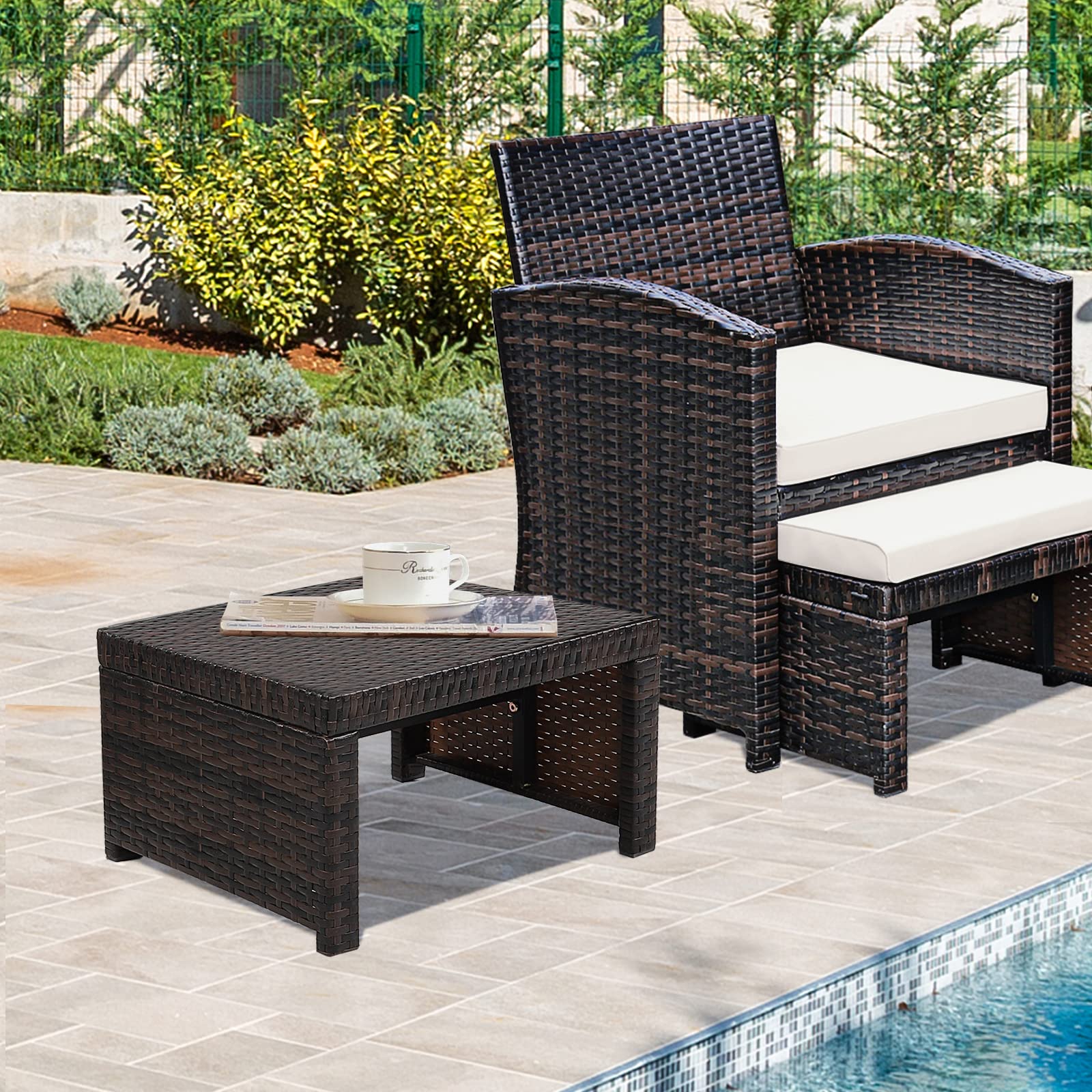 2-Piece Outdoor Rattan Ottoman Set with Cushions