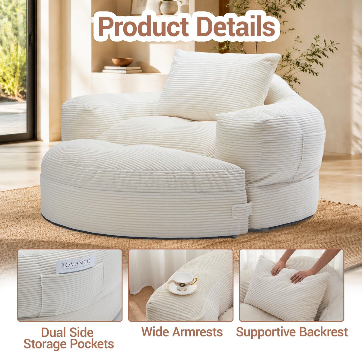 WiNVO 63''Oversized Round Chaise Lounge Chair with Footrest Ottoman(Beige)