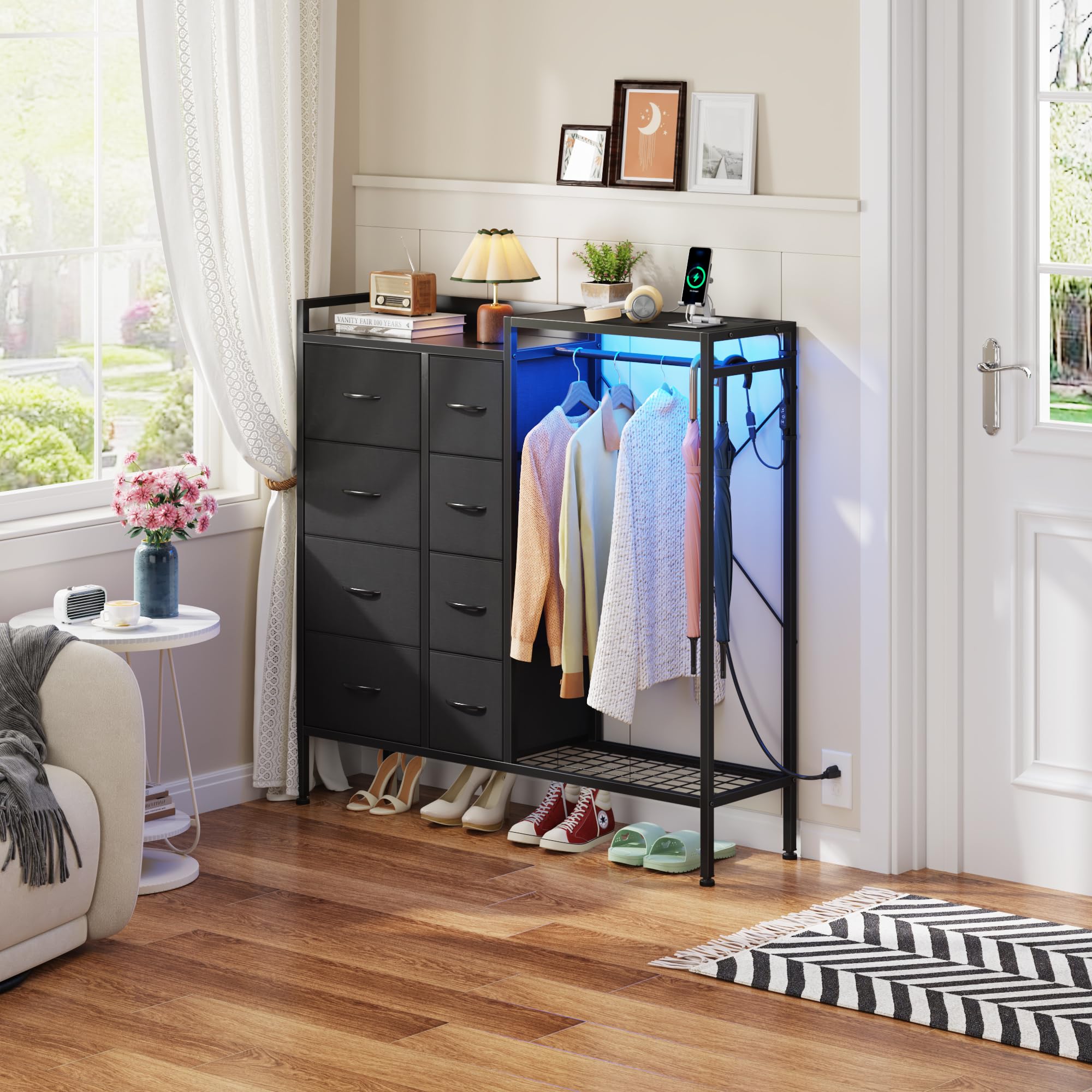 HIGDBFE Dresser with Hanging Rack, 8-Drawer Dresser for Bedroom with Charging Station & LED Lights, Fabric Dressers with Shoe Rack, Chest of Drawers with Wooden Top for Bedroom, Black, 11.8" D