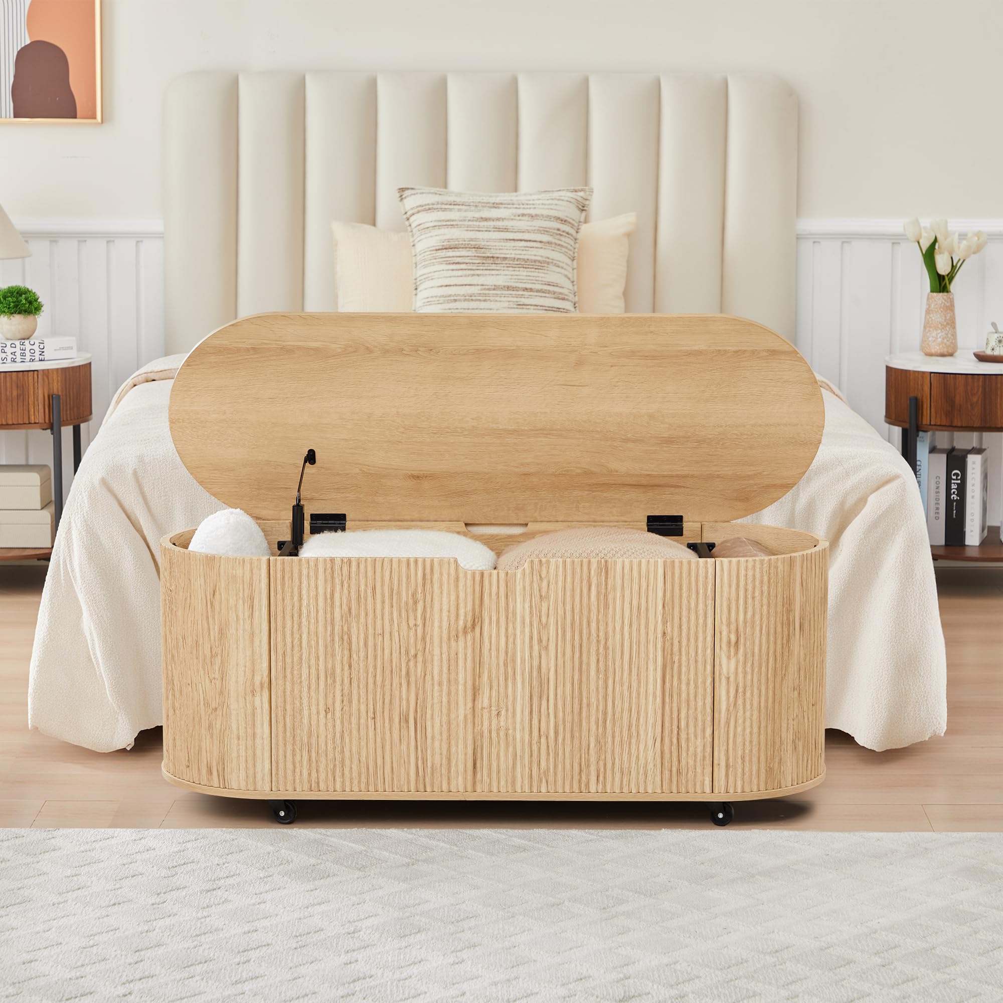 Fluted Oval Storage Bench with Lift Top & Wheels