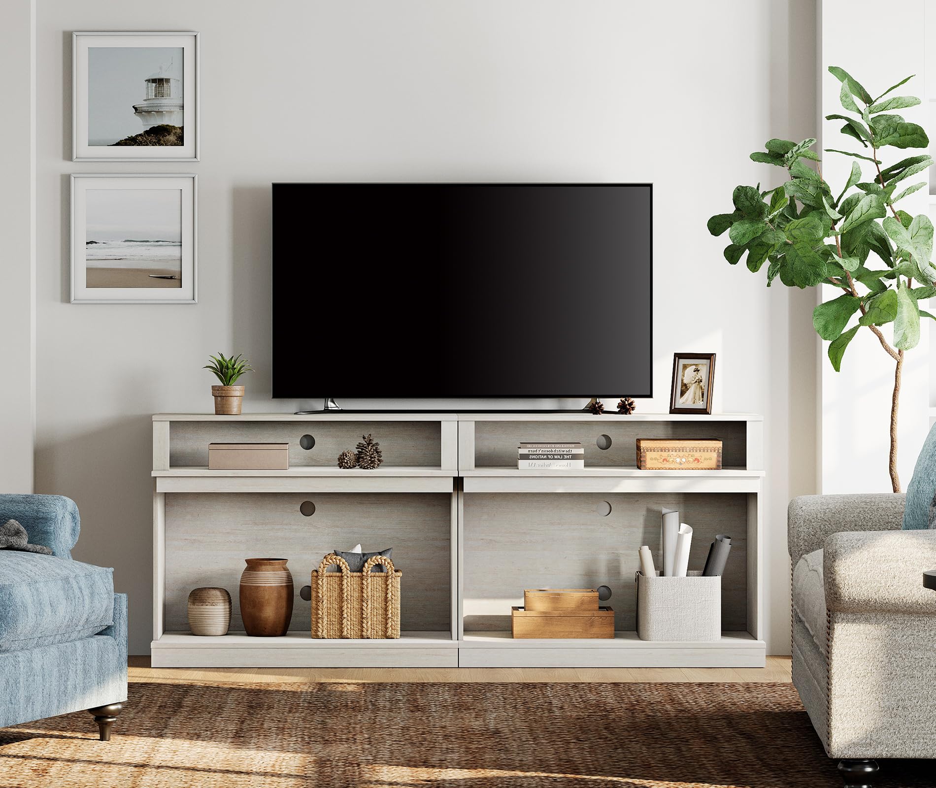 WAMPAT TV Stand for 85+ Inch TVs, Set of 2 Farmhouse Entertainment Center with Open Storage Shelves, Industrial Media Console Table for Living Room and Bedroom, Antique White