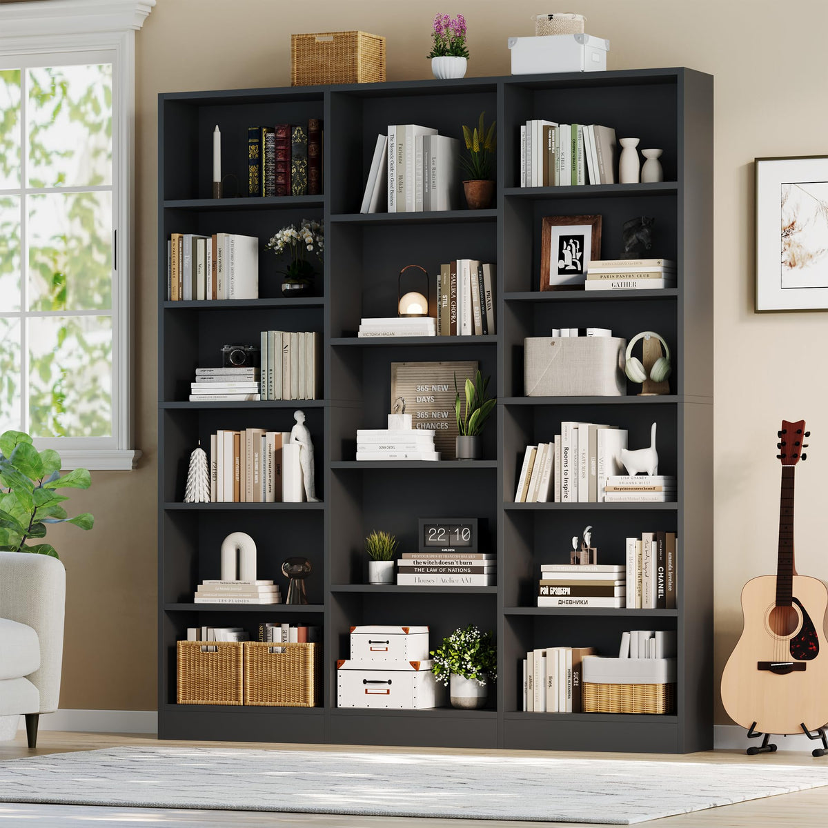ELYKEN Triple Wide Bookshelf, Large 6 Tier Bookcase with 17 Shelves, Black