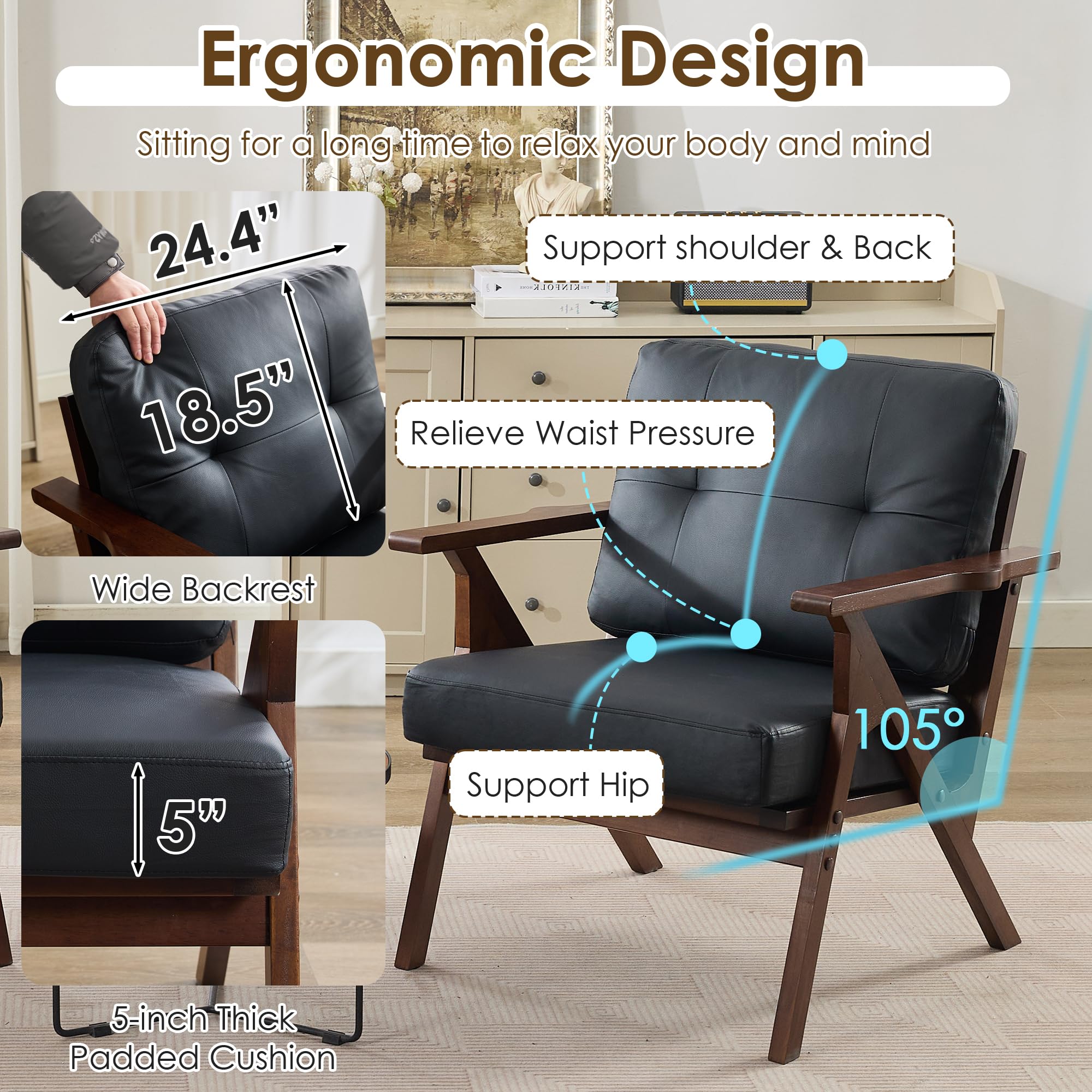 Mid-Century Leather Accent Chair with Wooden Arms