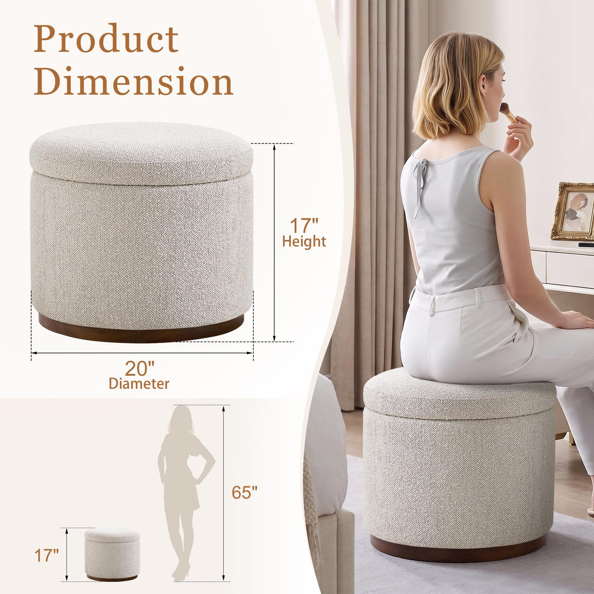 Dolamy Round Storage Ottoman, 20" Boucle Ottoman Foot Rest Stool(Beige)