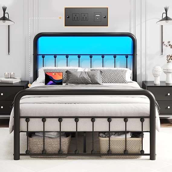 Metal Platform Bed Frame with LED & Charging Station