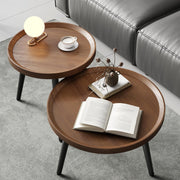2PCS Small Round Coffee Table Set, Walnut Mid Century Modern Nesting Tables