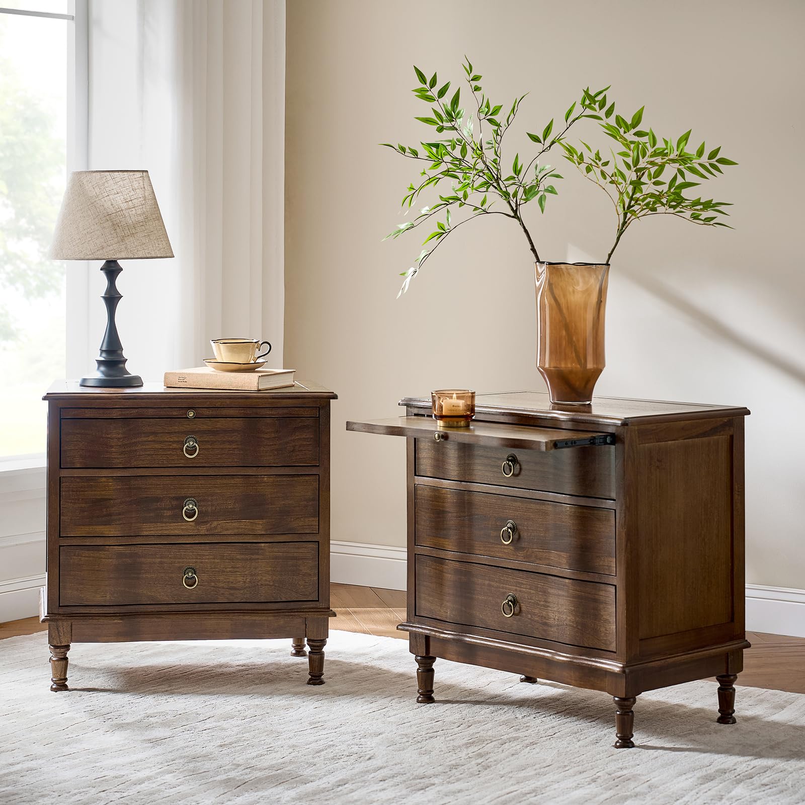 Solid Wood End Table with Charging Station & 3 Drawers