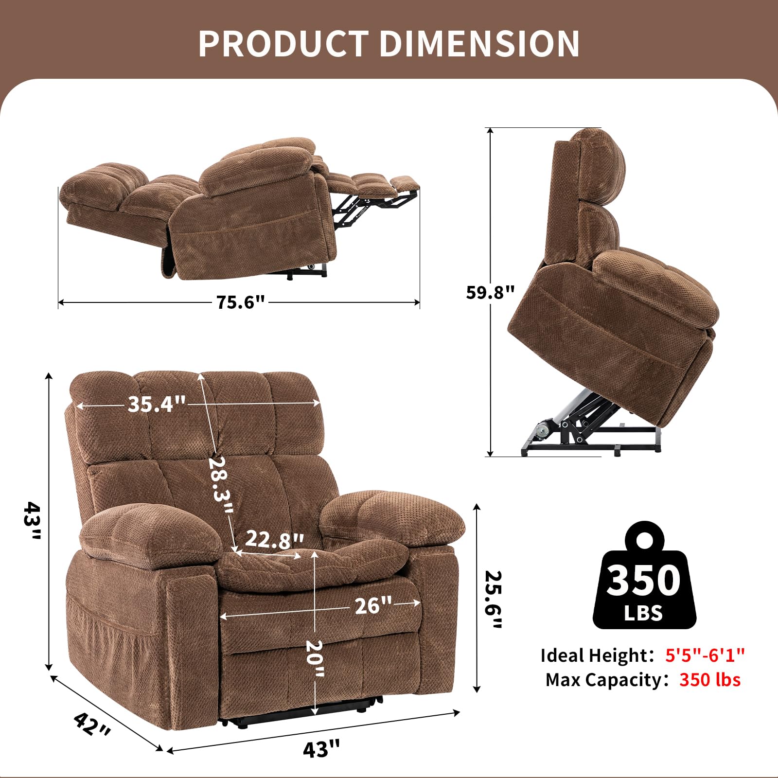 Oversized Power Lift Recliner Chair with Adjustable Headrest for Elderly,Dual Motor Lay Flat Recliner Chair with USB Port,Type C,Big and Tall Recliner with Massage&Heat,Cup Holders,Arm Storage,Brown