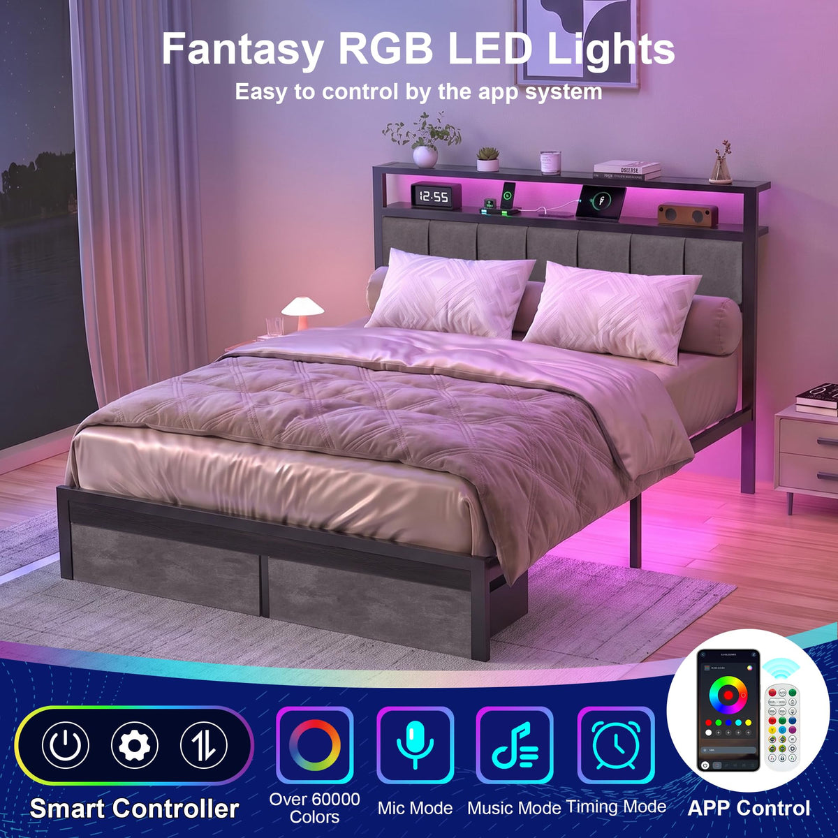 Aelawe Full Bed Frame with 2 Storage Drawers, Metal Platform Bed with LED Lights and Charging Station, Upholstered Headboard with 2-Tier Storage Shelf, Noise Free, No Box Spring Needed