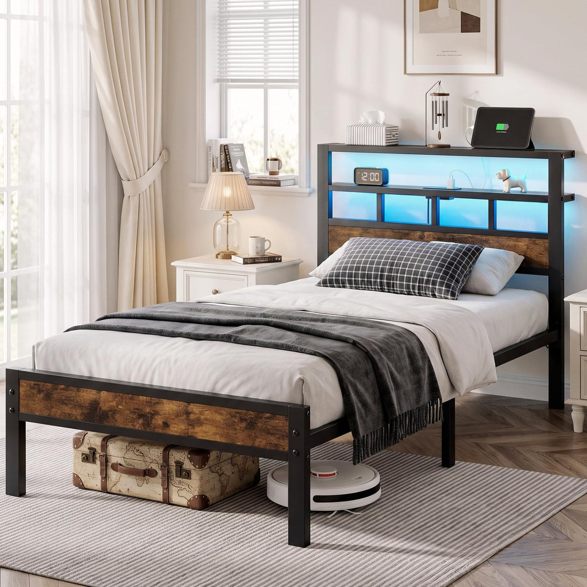 Insdiy Twin Bed Frame with Charging Station and LED, Metal Platform Bed