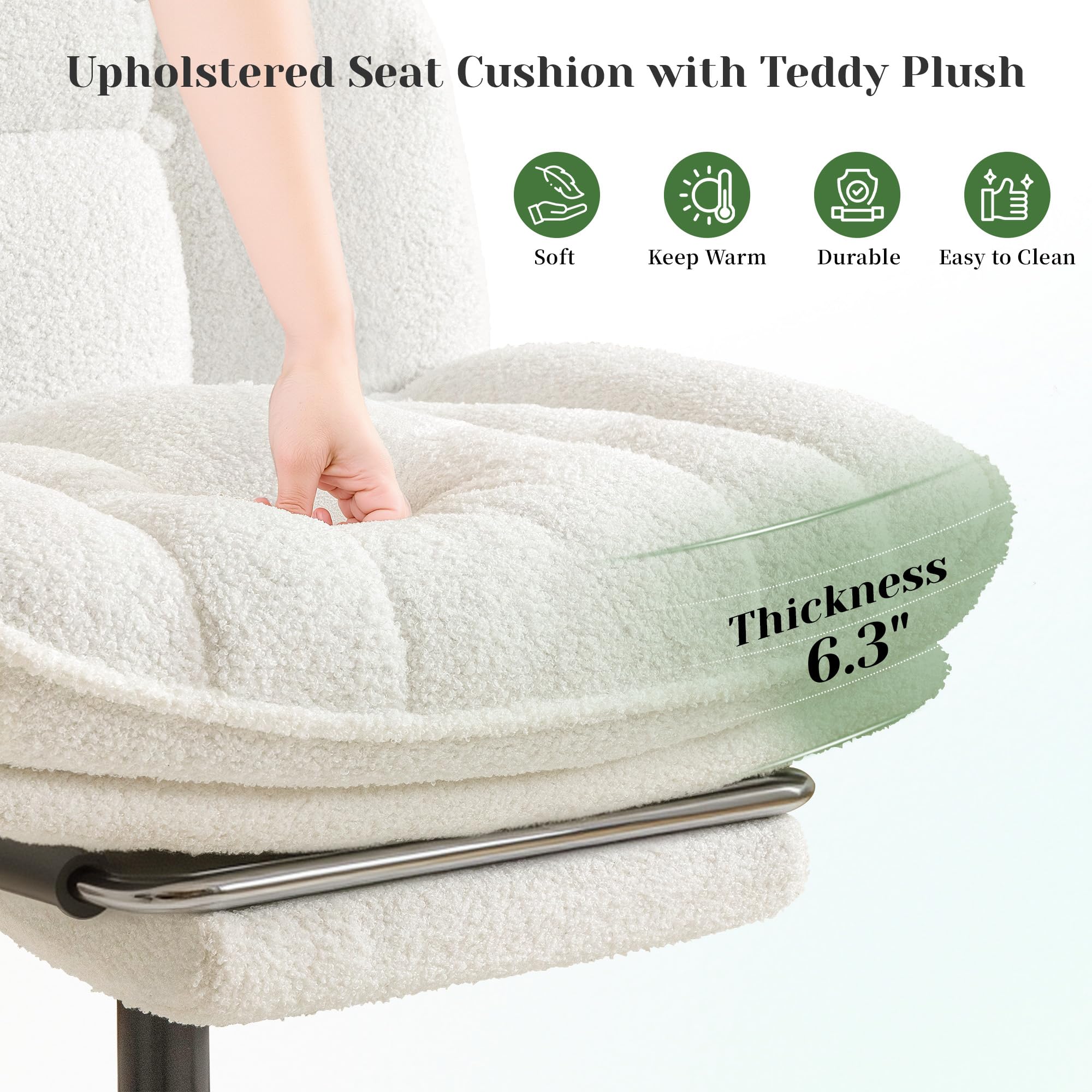 DurayLoly Cross Legged Office Chair with Foot Rest, 6.3" Thick Cushioned Criss Cross Chair with Wheels, Height Adjustable Swivel Vanity Chair for All-Day Comfort (White)