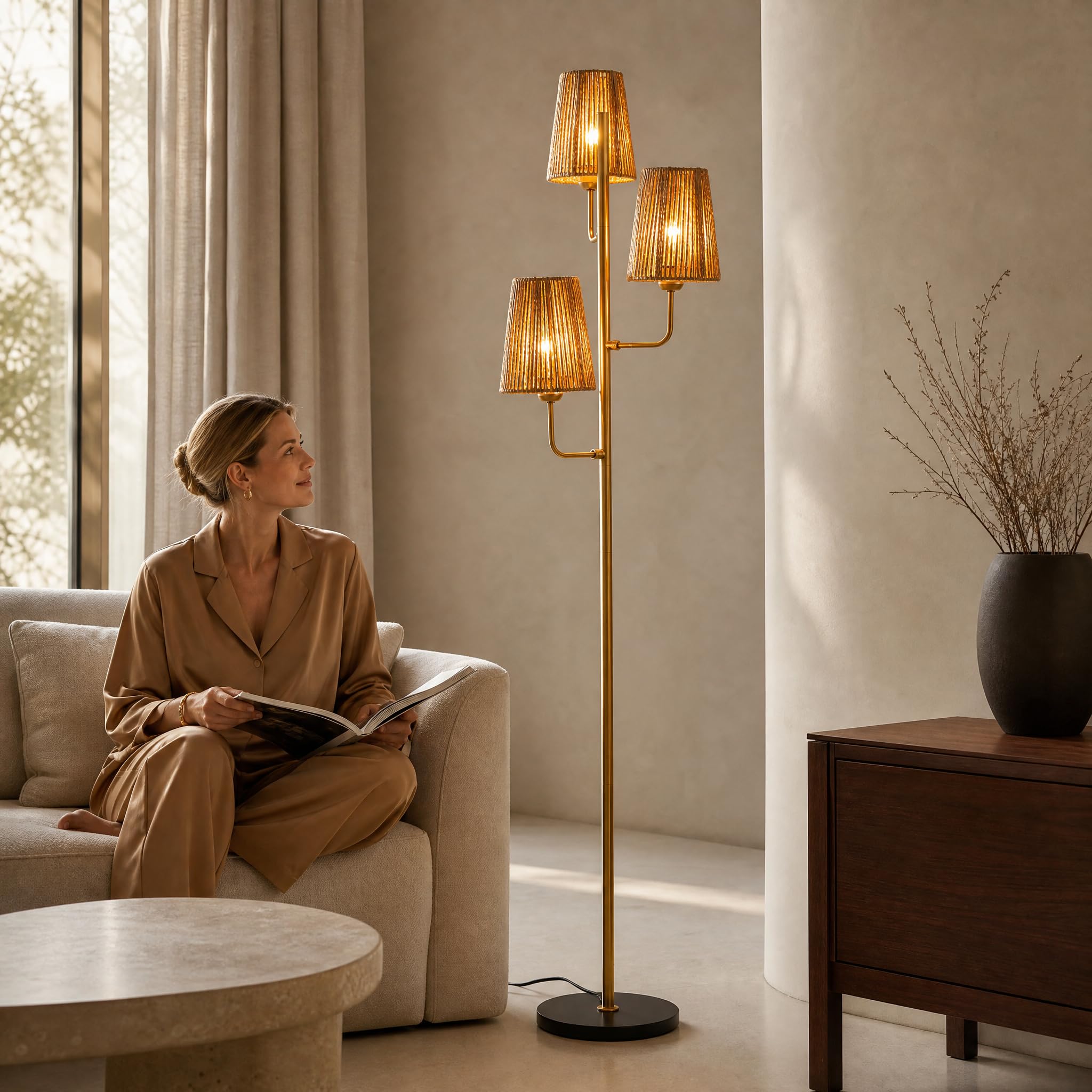 XZHGCEE Rattan Floor Lamp for Living Room:3 Light Boho Floor Lamp for Bedroom, Gold Standing Lamp with Foot Switch, Coastal Rustic Tall Lamp, No Bulb