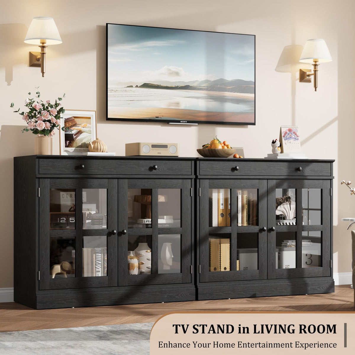 GarveeHome Modern 35.4" Sideboard Buffet Cabinet with Glass Door, Black