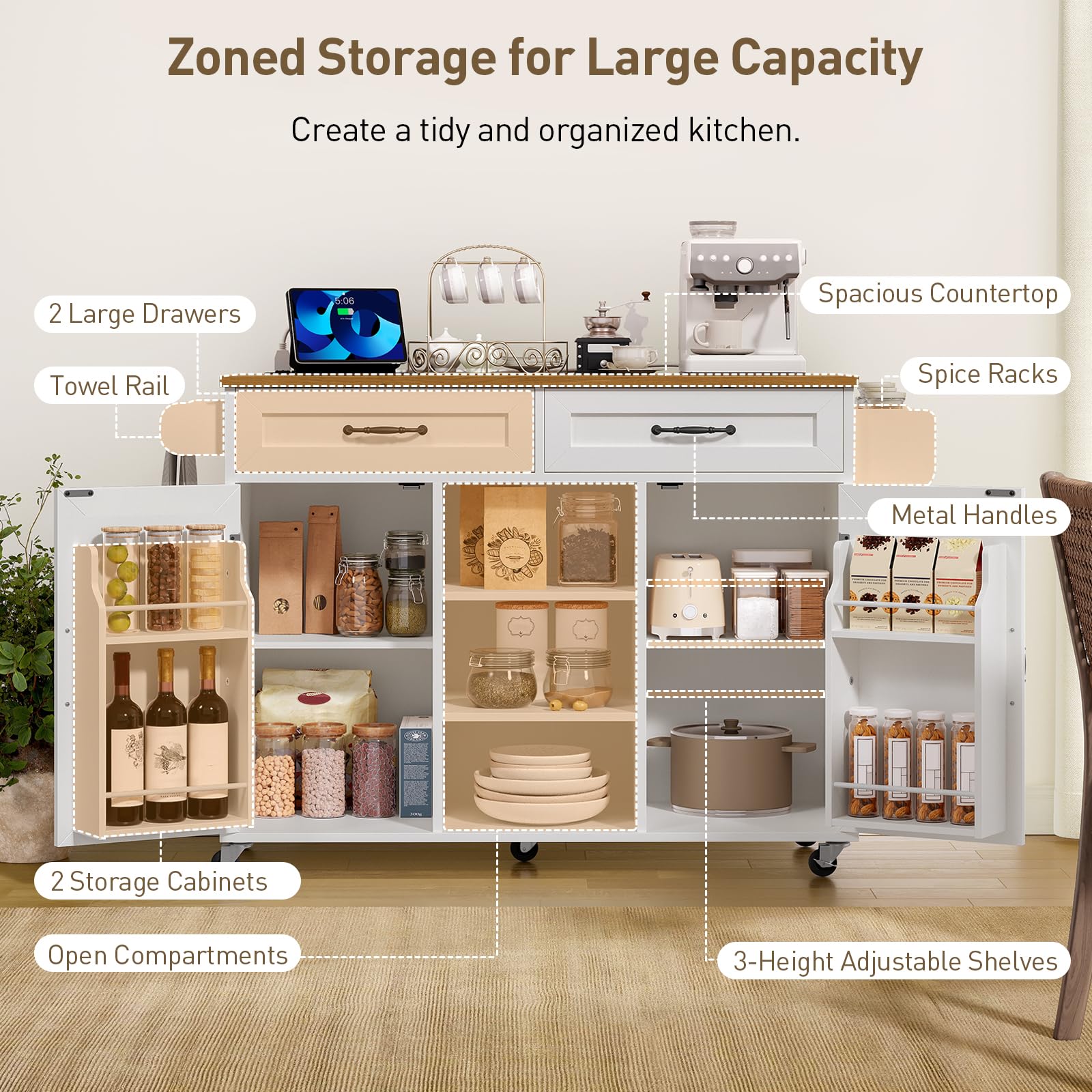 Kitchen Island Cart with Drop Leaf, Power Outlet & Storage