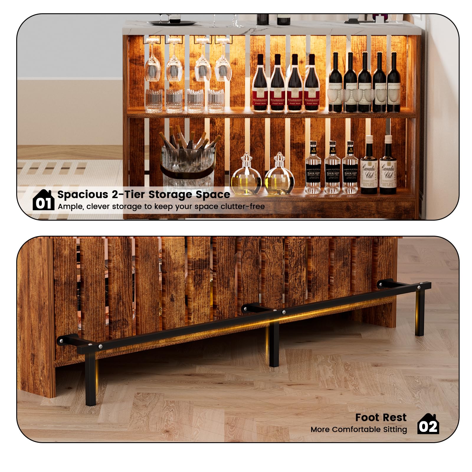 VAXZOFI Home Bar Unit with LED Lights and Charging Station, Imitation Marble Mini Coffee Bar Pub Table with 2-Tier Storage, Footrest, Drop Leaf Kitchen Islands for Dining Room, Bistro, Living Room