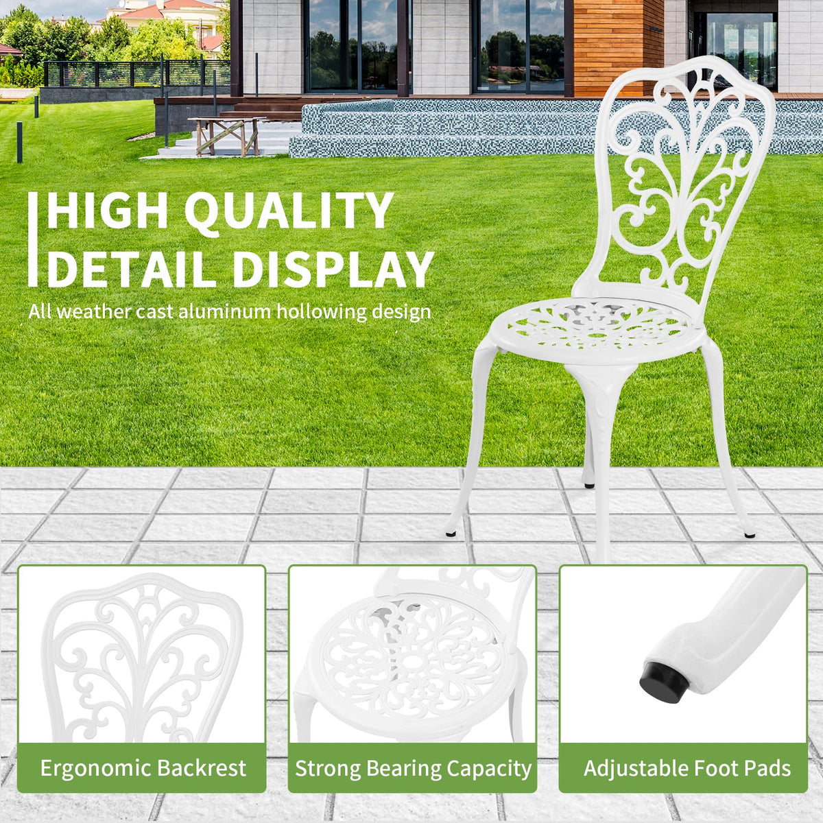 Withniture Bistro Set 3 Piece Outdoor Cast Aluminum Patio Bistro Set with Umbrella Hole, All Weather Bistro Table and Chairs Set, Small Patio Furniture Set for Garden, Porch,White