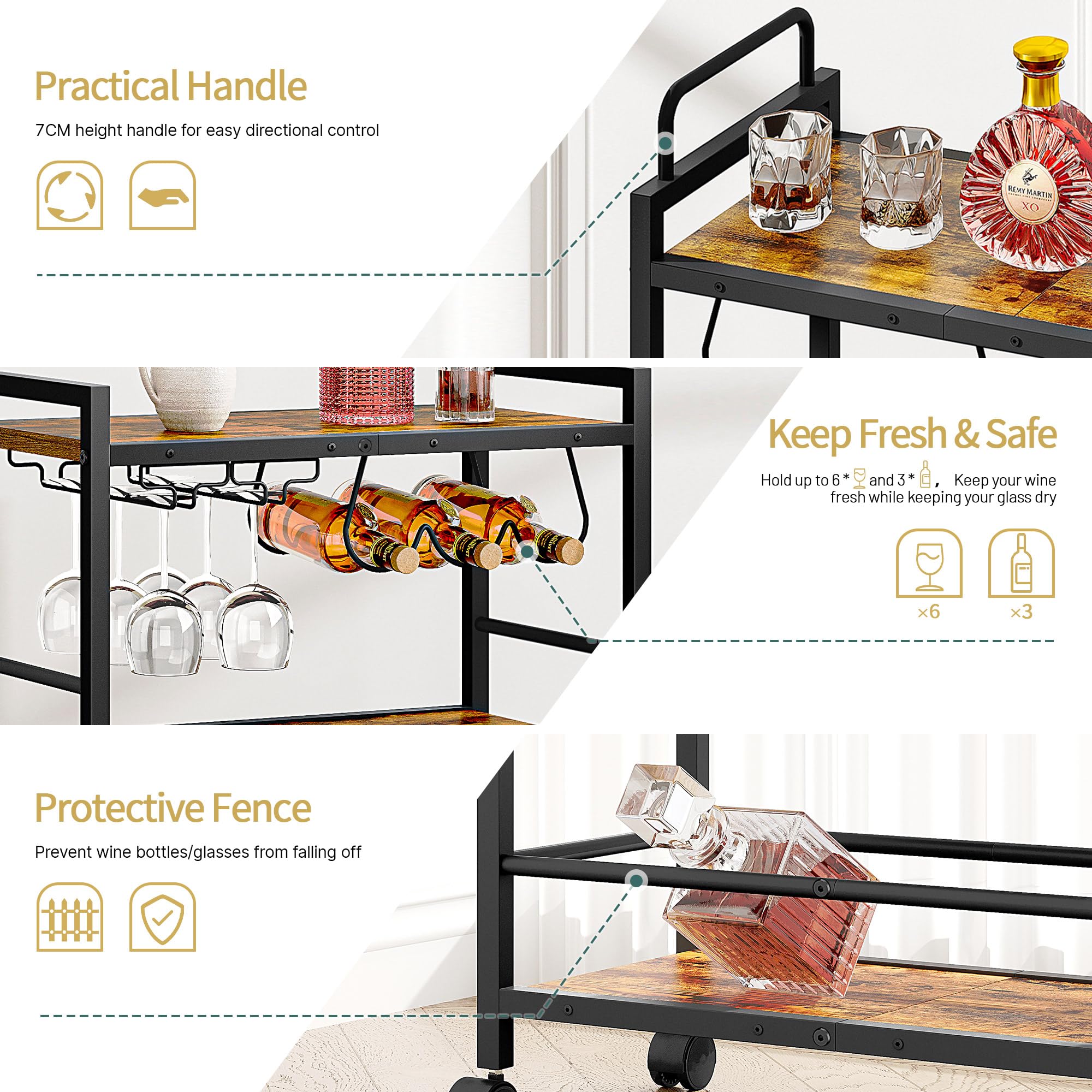 3-Tier Rolling Bar Cart with Wine Rack & Glass Holder