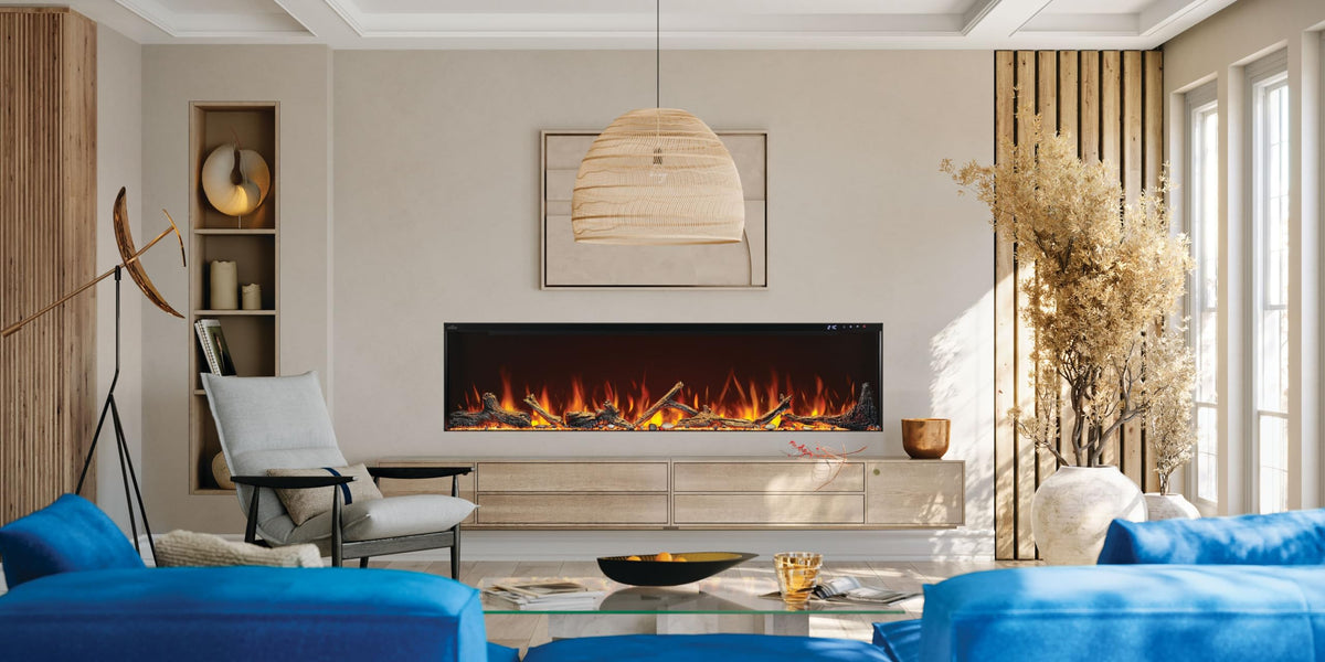 Astound 74 FlexMount Electric Fireplace - NEFL74AB - 74-Inch, Flexible Installation, Built-in or Wall Hanging, Realistic Flames, Wi-Fi Enabled, Voice or App Control, Included Logs and Woodland Kit