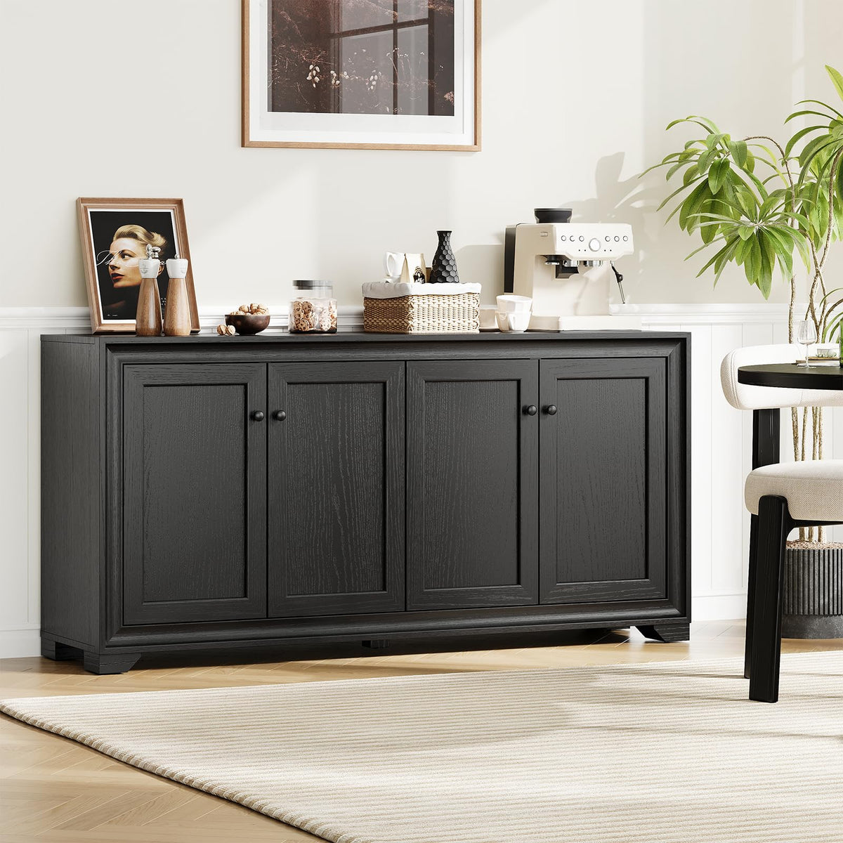 ONBRILL 60" Buffet Cabinet with Storage, 4 Doors & Adjustable Shelves Black