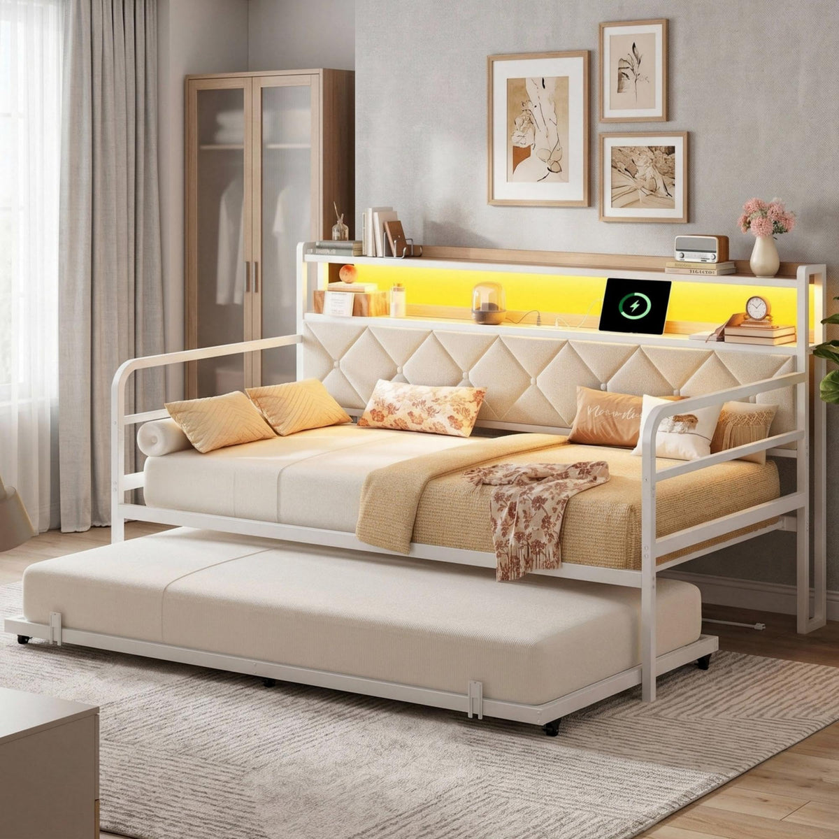 LIKIMIO Twin Daybed with Trundle and Charging Station, White