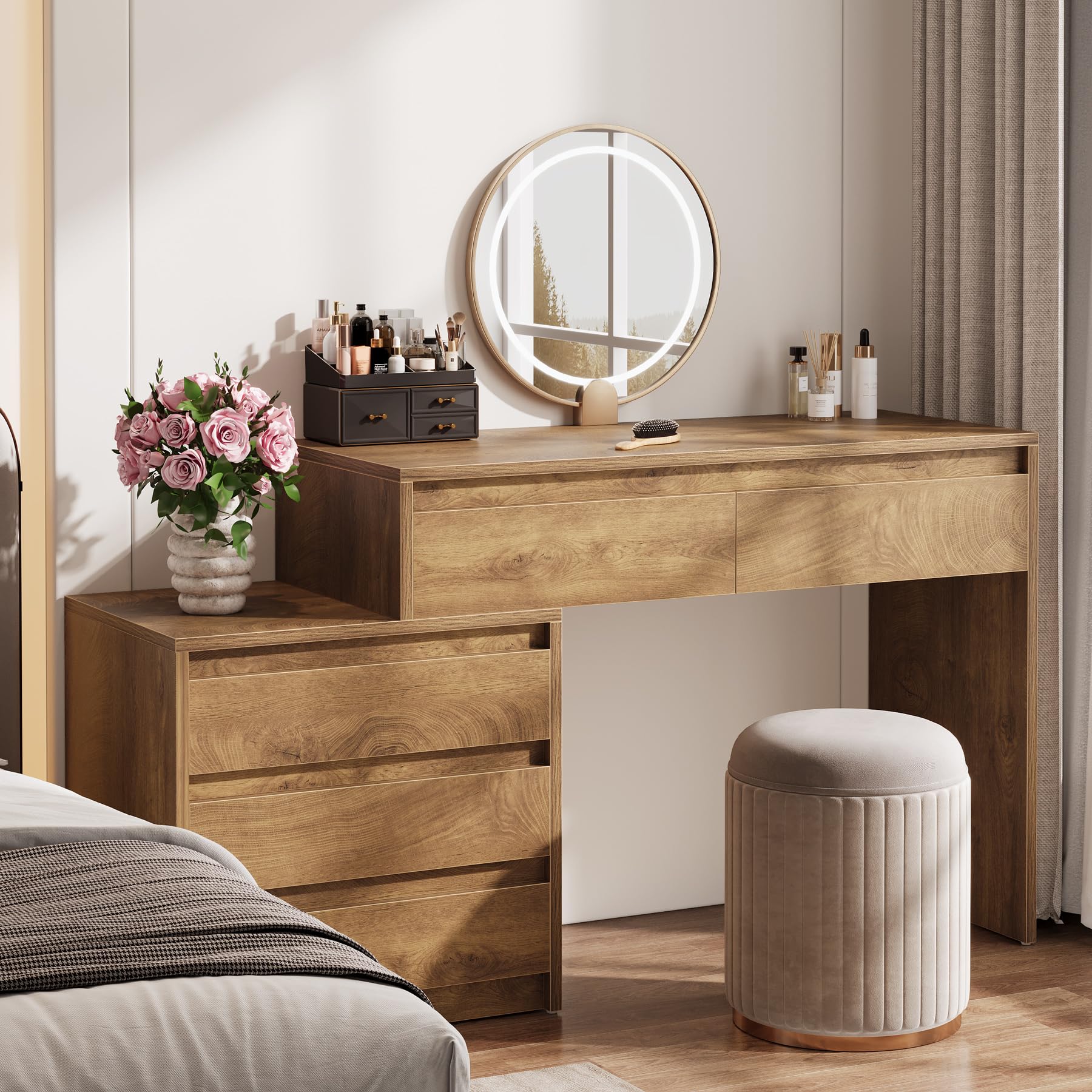 Tribesigns 63" Vanity Desk with 5 Drawers for Bedroom, Makeup Table with Movable 3-Drawer Chest Cabinet & Storage, Modern Large Dressing Table for Women Girl, Make up Desk for Bedroom