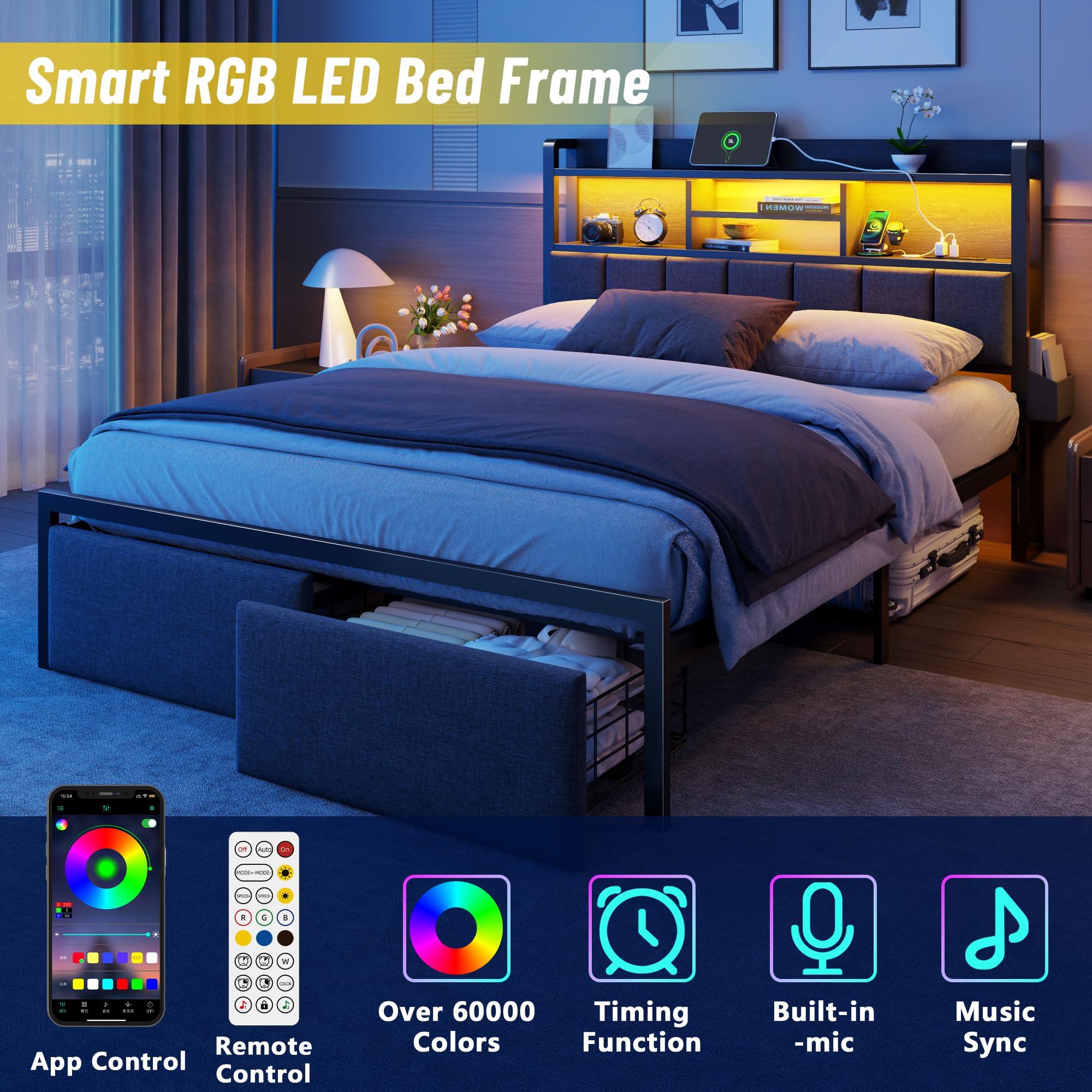 Upholstered Platform Bed Frame with Storage Drawers, LED Lights & Charging Station