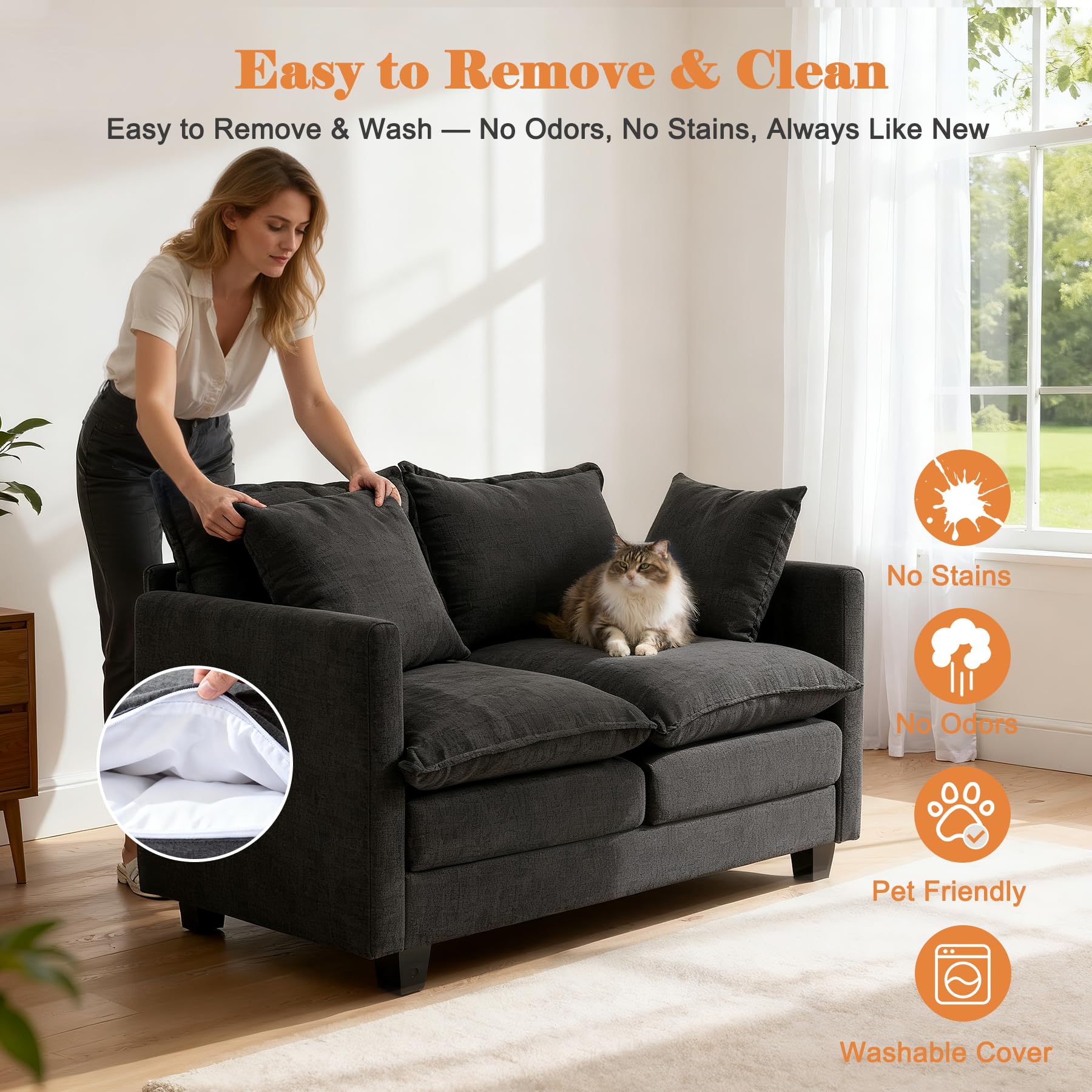 MUDANT Loveseat Sofa Cloud Sofa Couch 50'', Modern Loveseats 2 Seat Couch 27" Deep Seat with 2 Pillows for Small Spaces Apartment Studio Office Bedroom Living Room 8834-BLACK