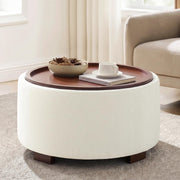 Round Storage Ottoman with Flip-Top Tray Lid & Wood Legs