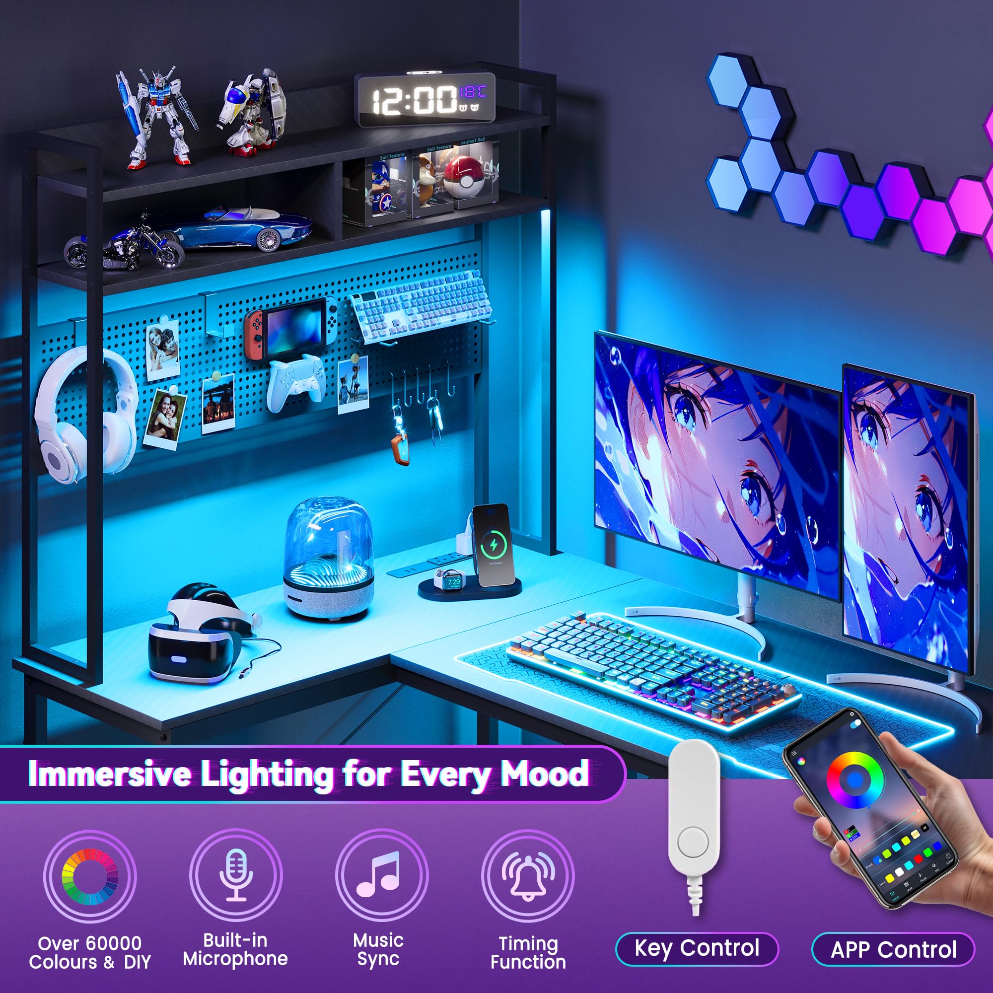 L-Shaped Gaming Desk with RGB LED & USB Charging