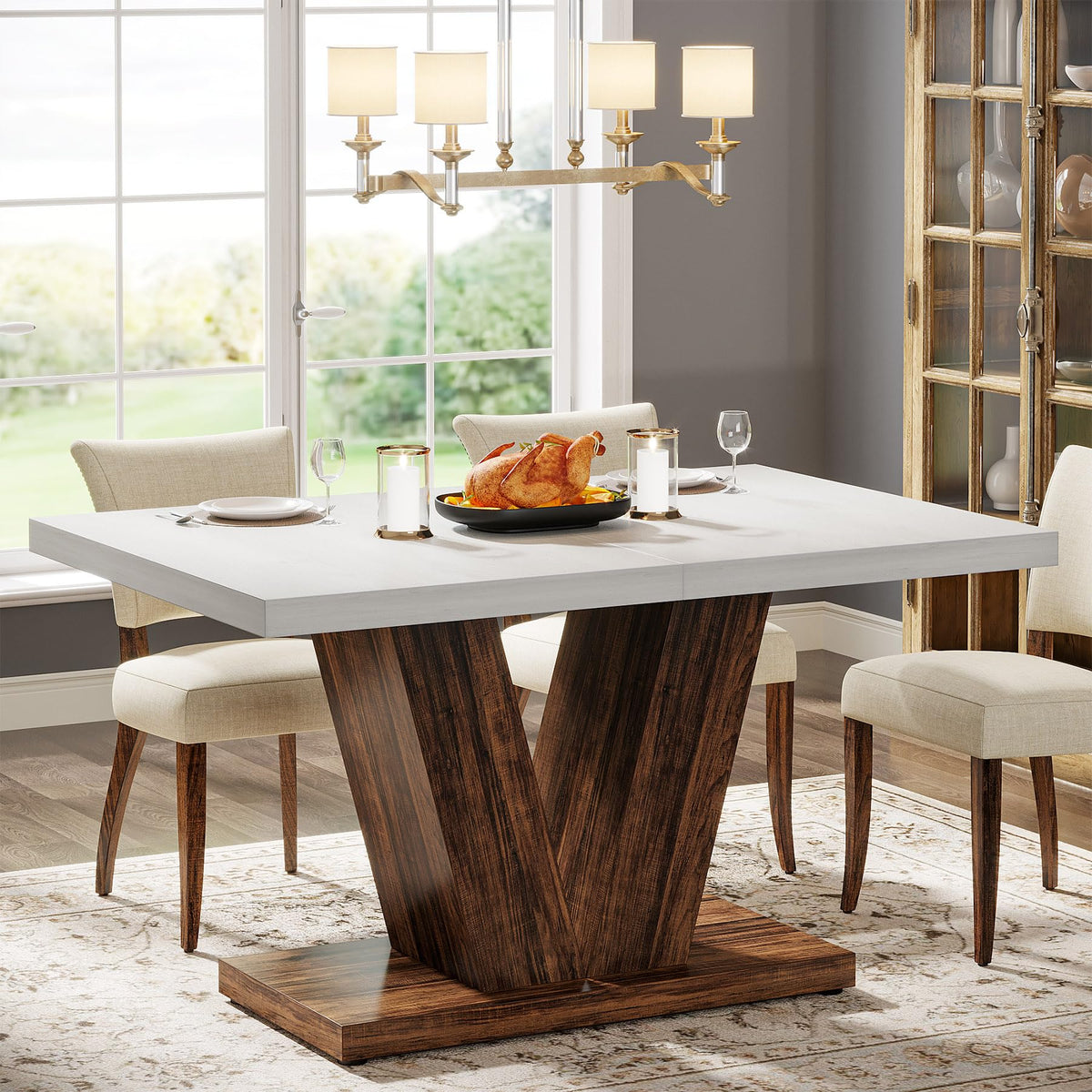 White & Brown Pedestal Dining Table