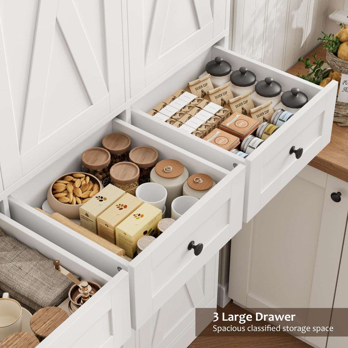 HOSTACK 67"H Farmhouse Kitchen Pantry Storage Cabinet with 3 Drawers, White