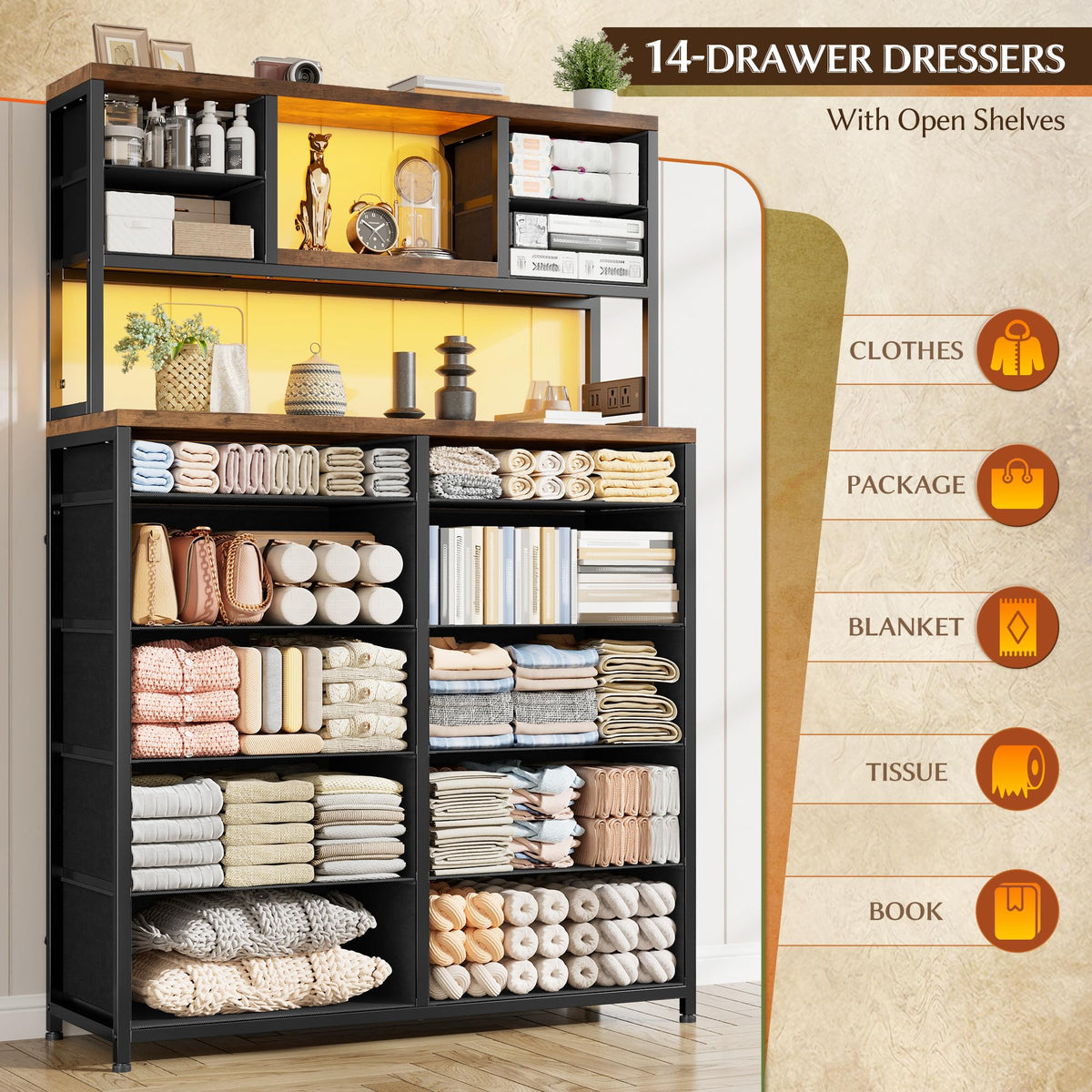 14-Drawer Fabric Dresser with LED Lights