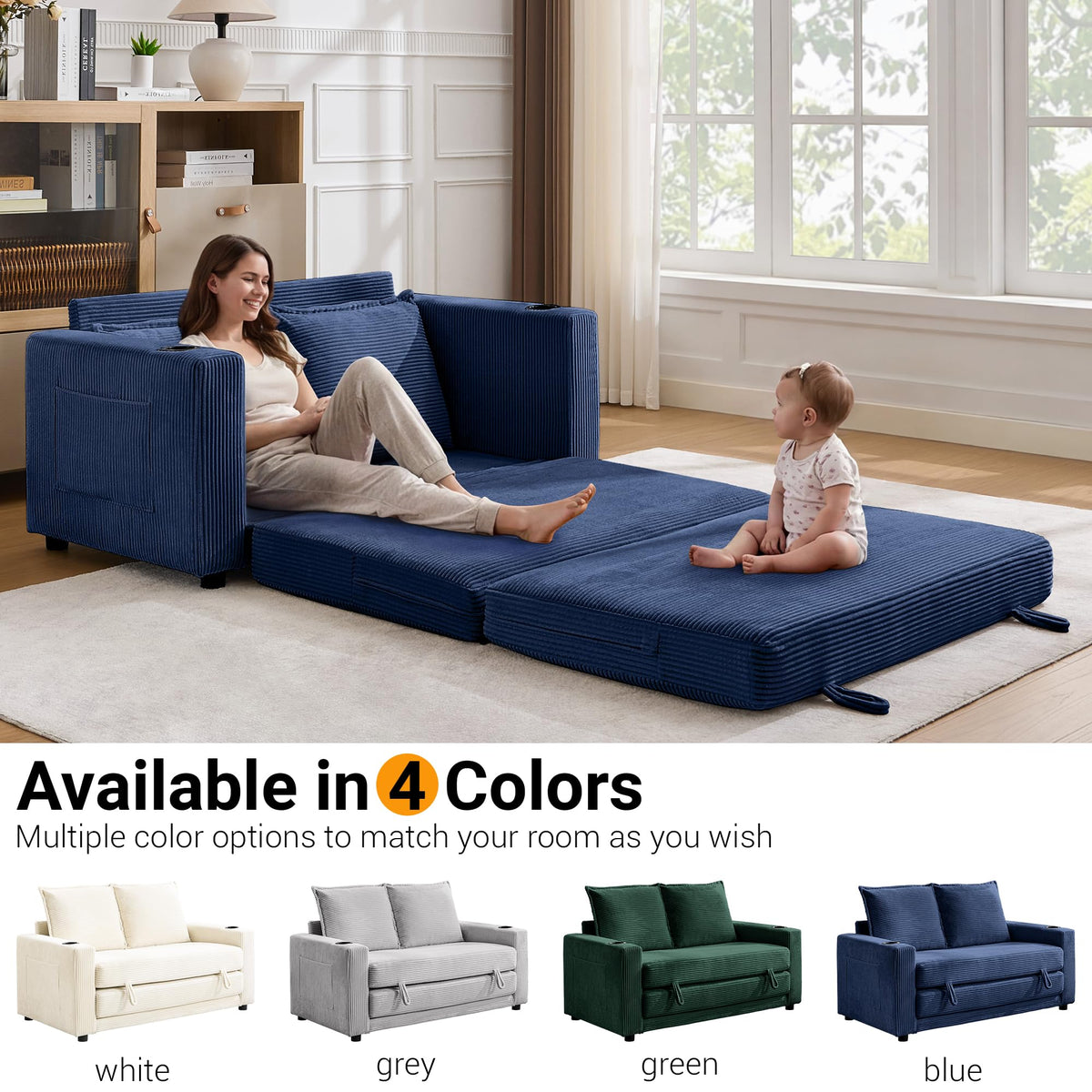 WODNITURE 55.6 in Convertible Sofa Bed, Corduroy Futon Couch, Blue