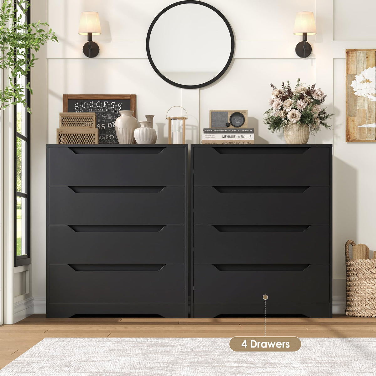 HOSTACK Modern 4 Drawers Dresser, Wood Chest of Drawers with Storage, Black