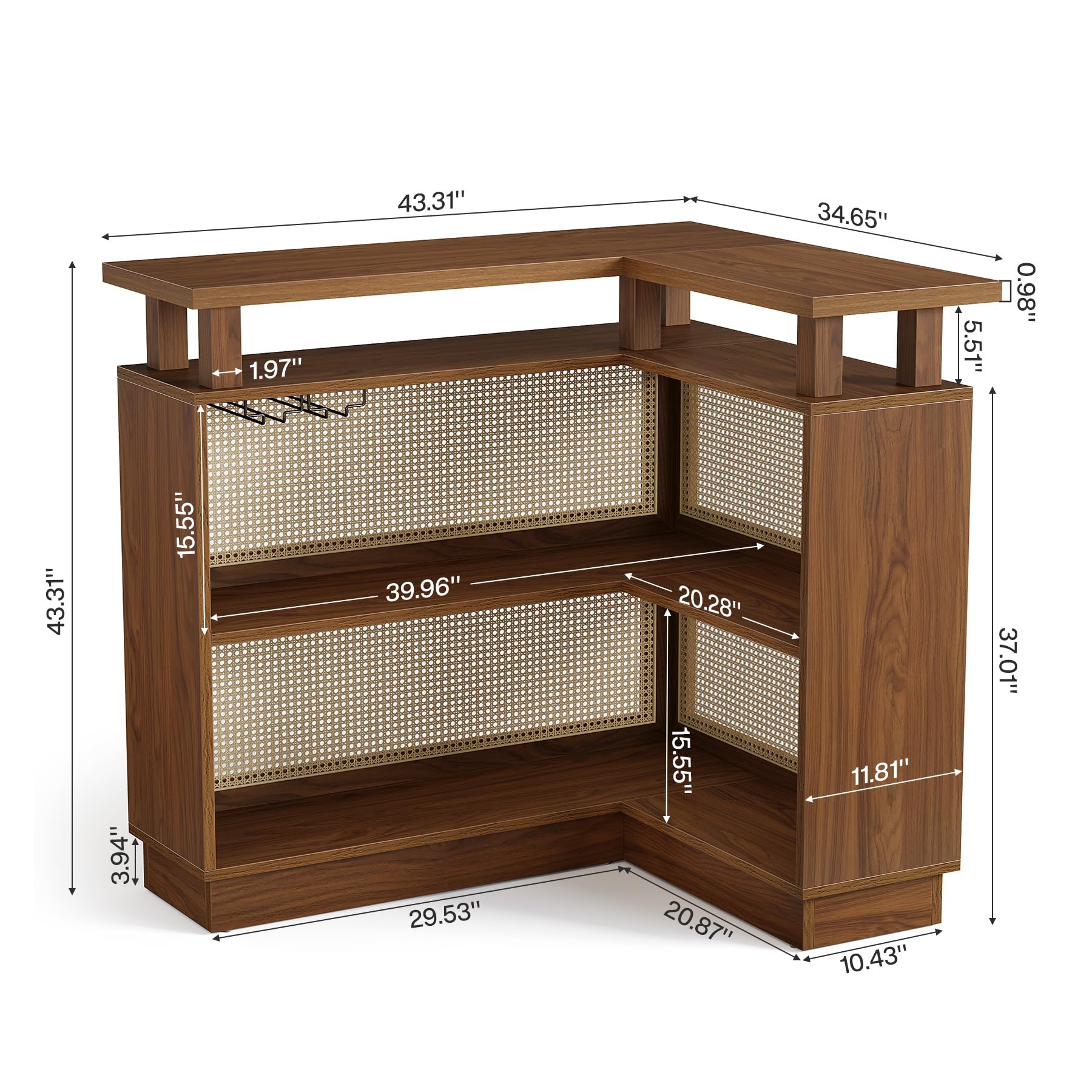 Tribesigns L Shaped Bar Table with 4-Tier Storage Shelf, Rattan Home Bar Unit with 2 Stemware Racks and Heightened Base, Corner Mini Coffee Liquor Cabinet for Home/Kitchen/Pub, Brown