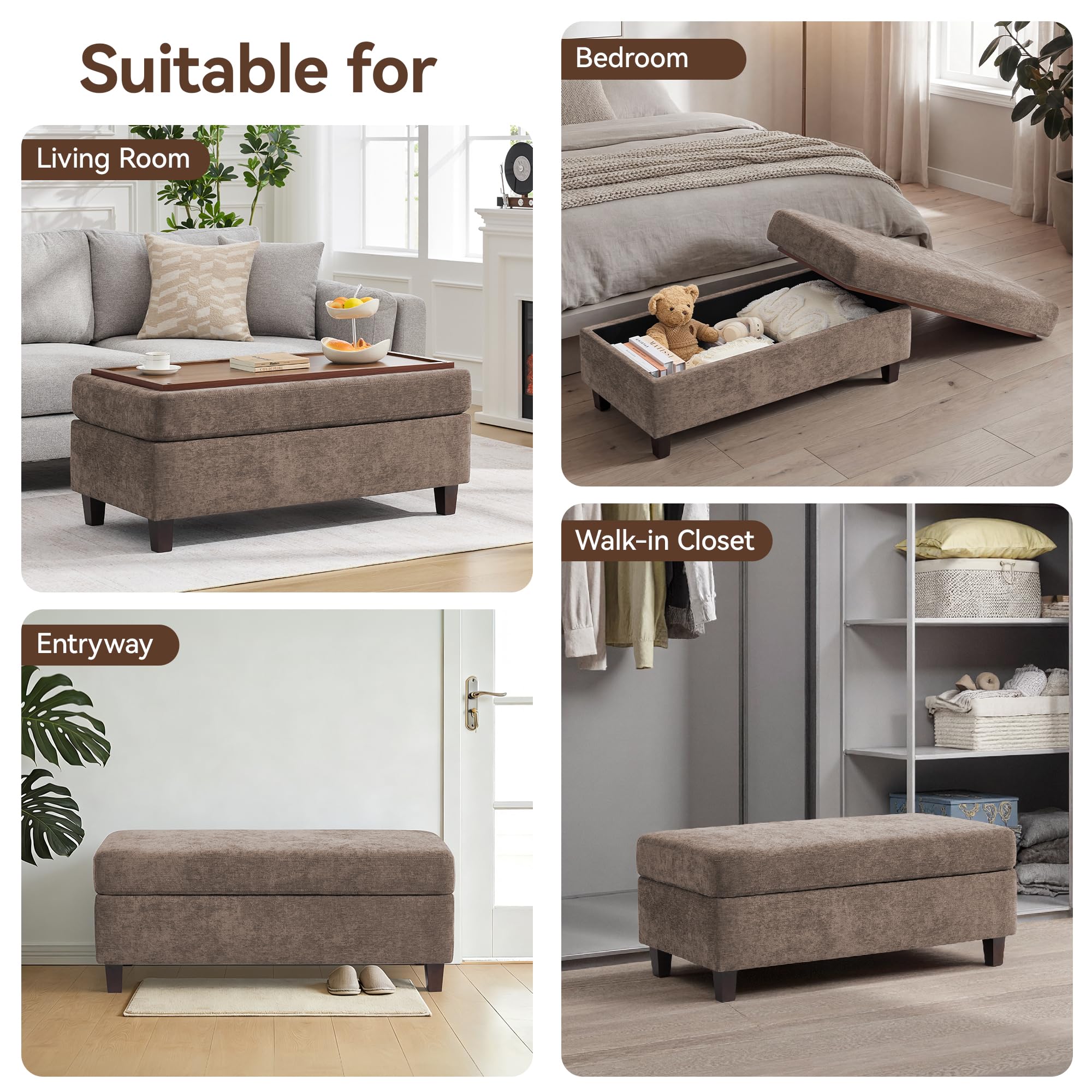 45 Inch Large Storage Ottoman Bench with Wooden Tray Coffee Table, Brown Chenille Upholstered Foot Rest, Multifunctional Foot Stool Ottoman for Living Room, Bedroom & Entryway, Solid Wood Legs